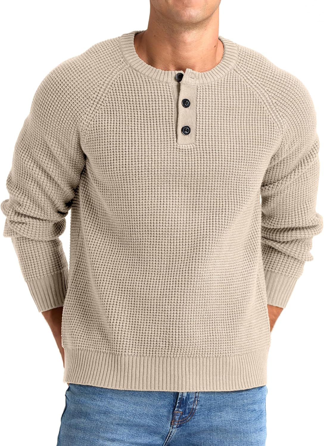 RQP Men's Henley Sweater Long Sleeve Button Crewneck Sweater Knit Sweater Casual Waffle Texture Pullover Sweater