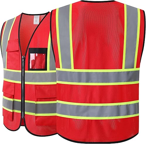 Vista 43 de Chaleco de seguridad para mujer, chaleco de alta visibilidad con 8 bolsillos y cremallera frontal, chaleco reflectante de malla que cumple