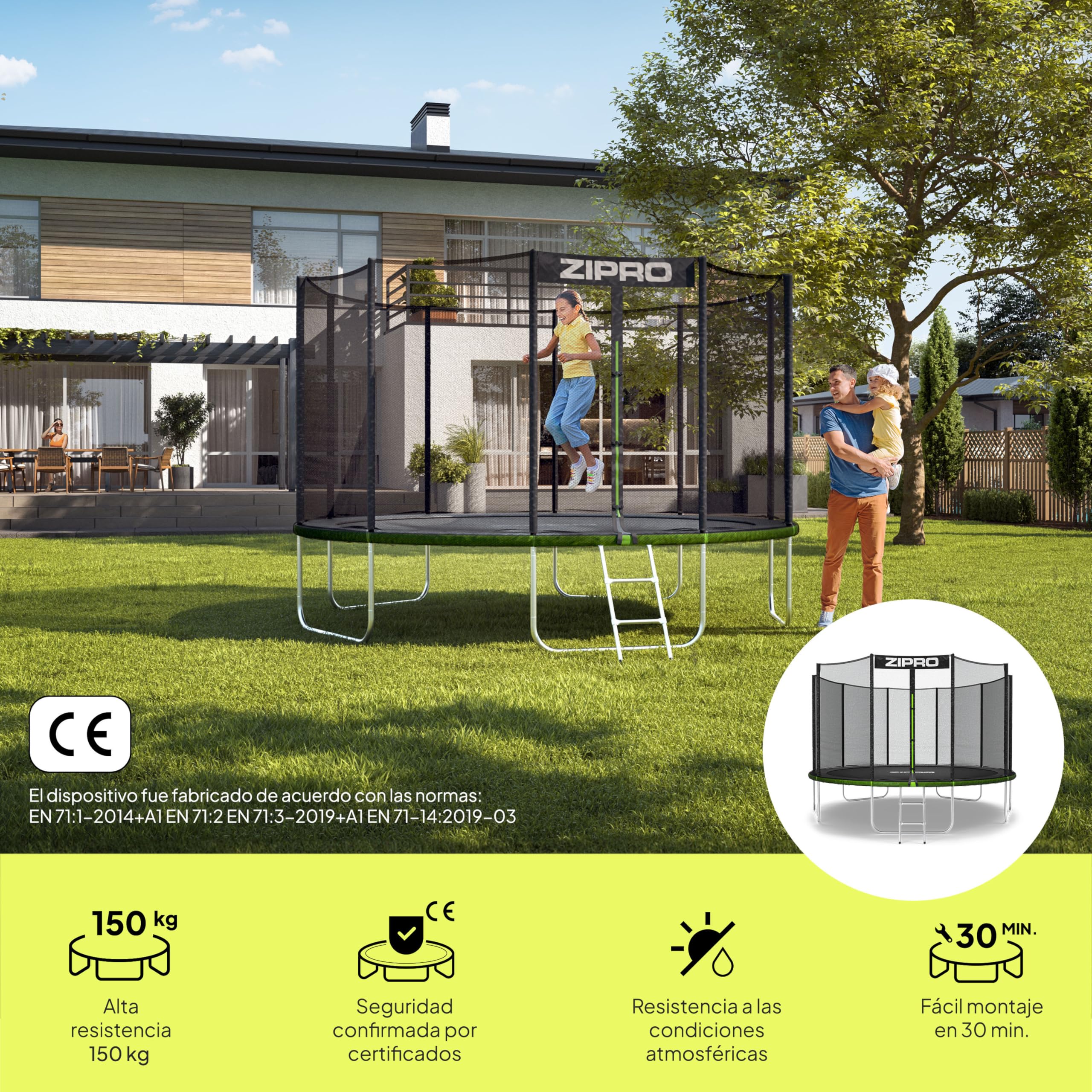 ZIPRO JumpPro out Trampolín Exterior, Cama Elástica para Niños, con Red Externa, Resistente, Protección UV, Montaje Fácil, Soporta 100-150 kg, Ø 183/252/312/374/435/496 cm