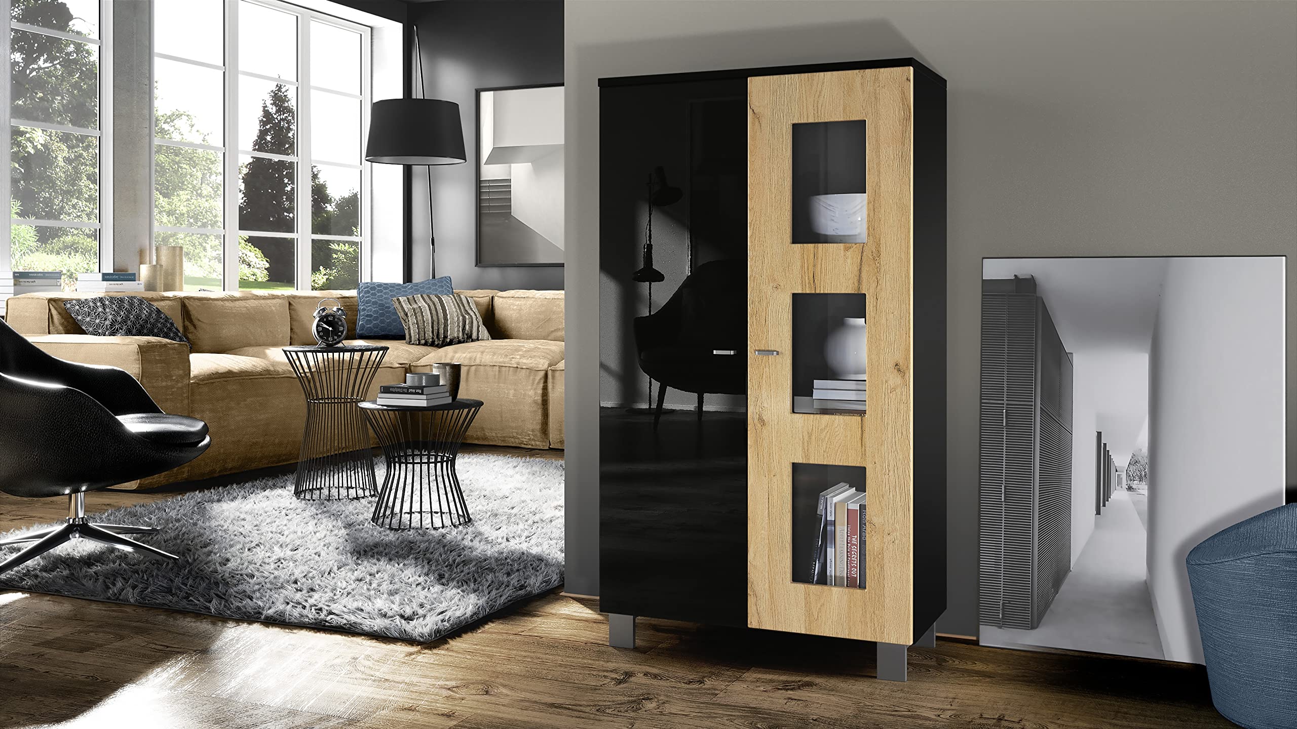 Vladon Vitrine de Salon Denjo, Vitrine sur Pied avec 2 Portes et 3 vitres, Noir Mat/Noir Haute Brillance/Chêne Nature (71 x 129 x 35 cm)