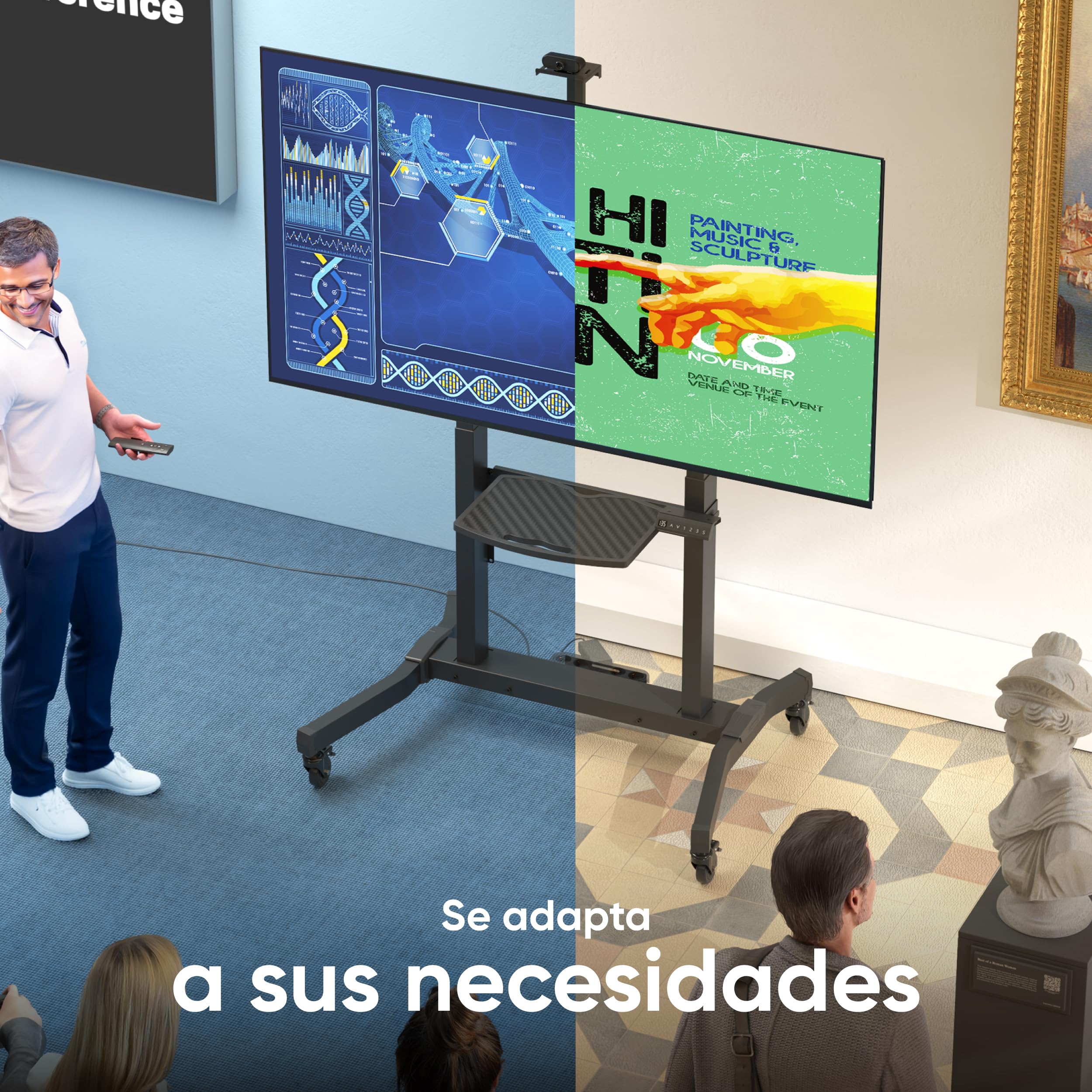 ONKRON Soporte TV Motorizado 50"-100", 120 kg, máx VESA 1000x600, TS1991E-B | Carro TV eléctrico negro, altura 1130-1600 mm, para TV 120 kg y paneles táctiles 80 kg, con mando; para aulas y salas