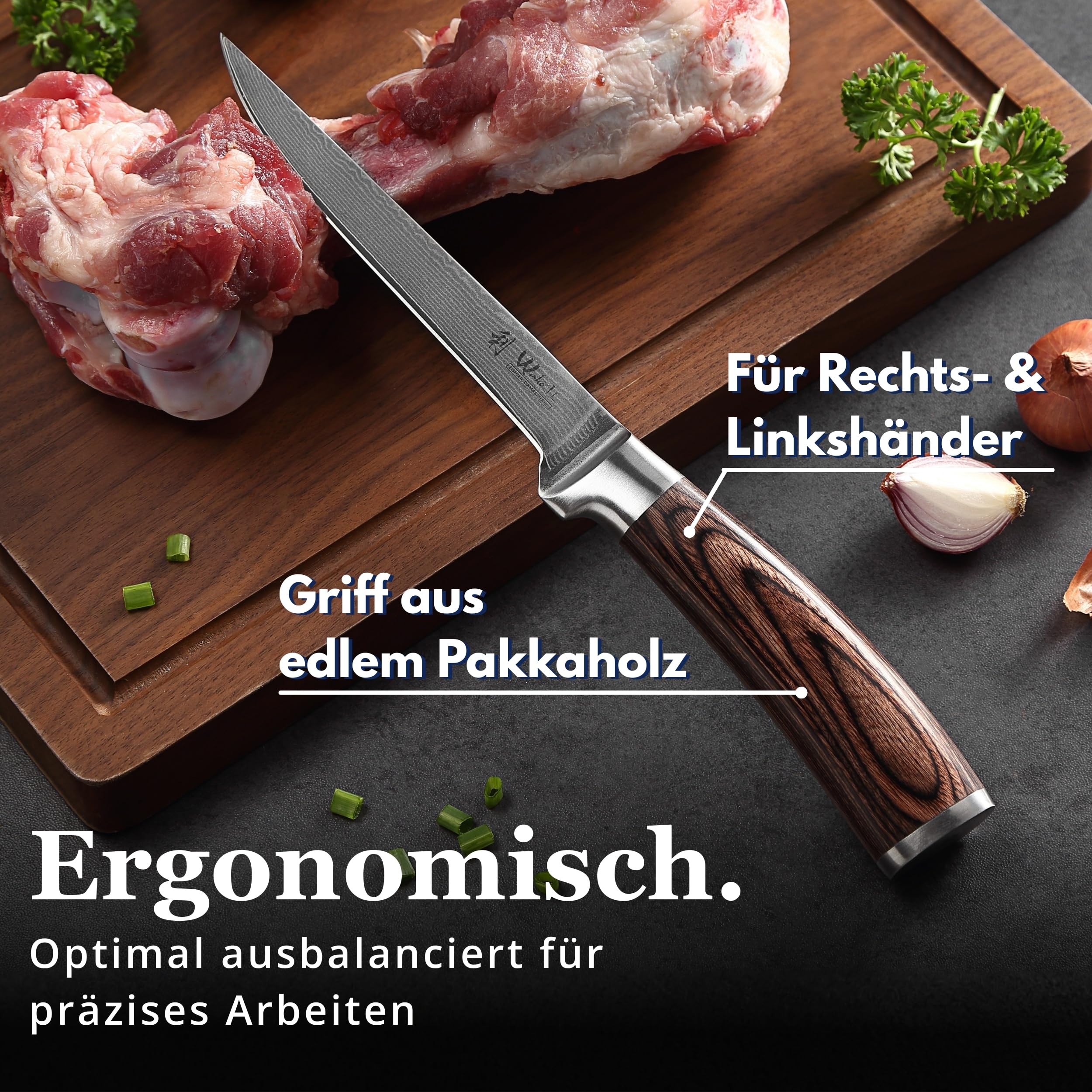 Wakoli EDIB Ausbeinmesser aus echtem Damaststahl (VG10 Kern) mit 14,5 cm Klinge – Scharf und ergonomisch – Damastmesser mit Pakkaholzgriff in Geschenkbox – Damast Filetiermesser für Fisch & Fleisch