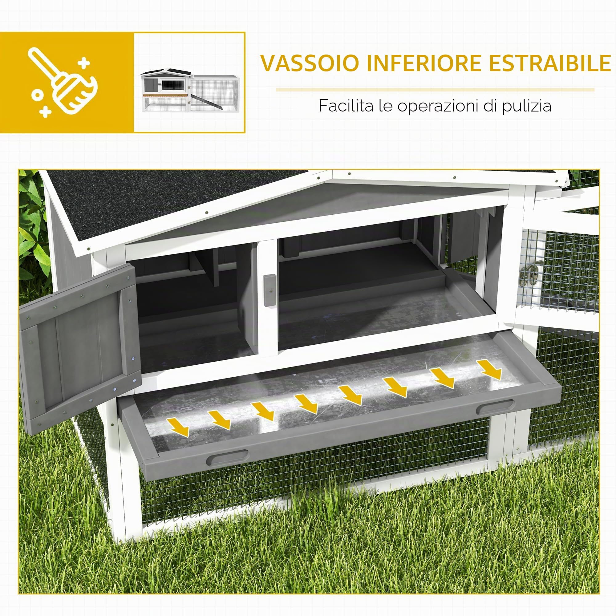 PawHut Conigliera con Corsa Vassoio Scorrevole Rampe 156x58x68 cm Grigio