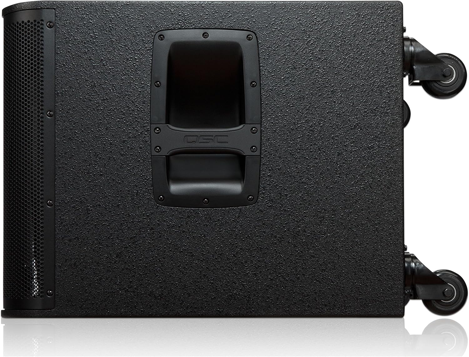 Side view of the QSC KW181 subwoofer showing integrated handles and casters.
