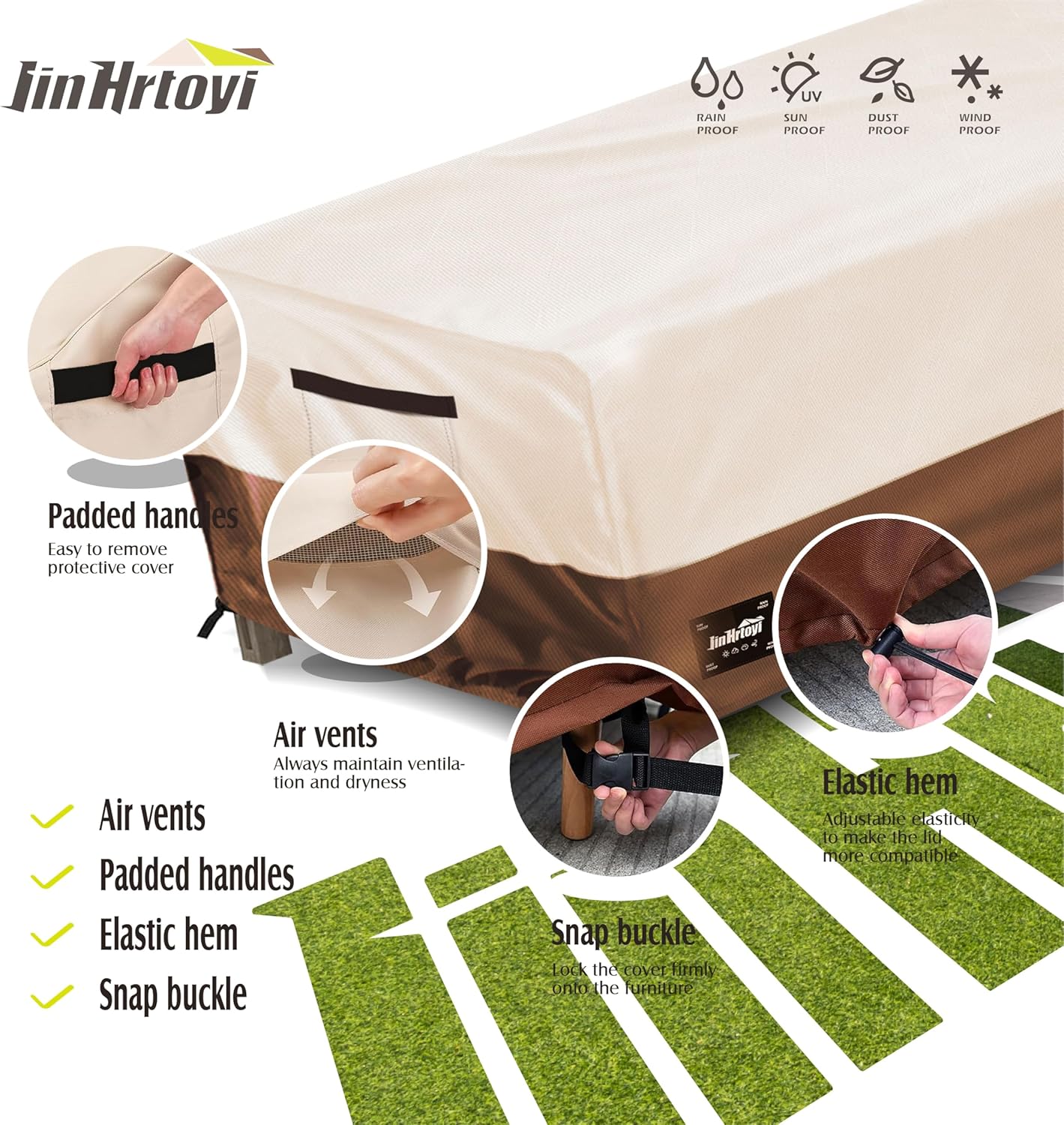 JinHrtoyi Patio Coffee Table Cover,48Wx28Dx16H Inches 100% Waterproof Heavy Duty Outdoor Rectangular Side Table Cover,Beige&Brown Modern Style Outdoor Furniture Covers