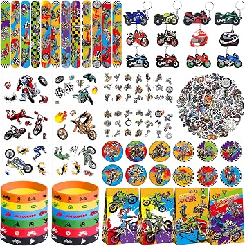 Dirt Bike Party Favor Supplies, Including Gift Bag Tattoo Stickers Badge Slap Bracelets Silicone Wristbands DIY Stickers Keychain, for Motorcycle Theme Party Club Gift Boy Birthday Party Fillers