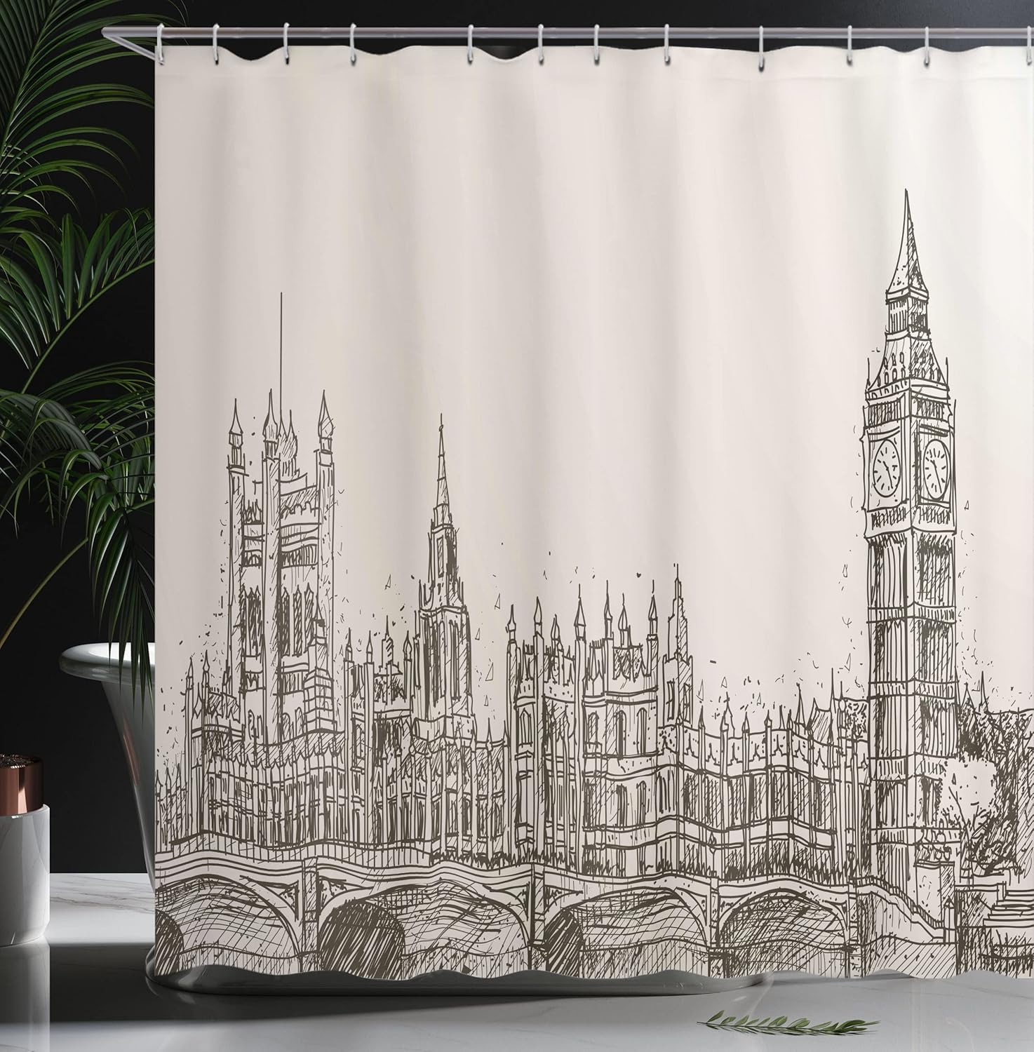 Ambesonne Vintage Shower Curtain, London Big Ben Architecture Westminster Bridge Retro Town Illustration, Cloth Fabric Bathroom Decor Set with Hooks, 69" W x 70" L, Dark Green Warm Taupe