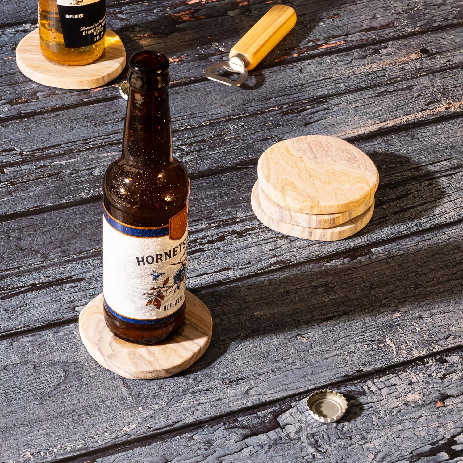 Cork & Mill Absorbent Coasters Set of 6 - Water Absorbing Sandstone Coasters for Drinks - Perfect for Coffee Table, Office Desk, Outdoor, Bedroom Nightstand - 4" Round - Unique Irregular Edge Design - Image 6