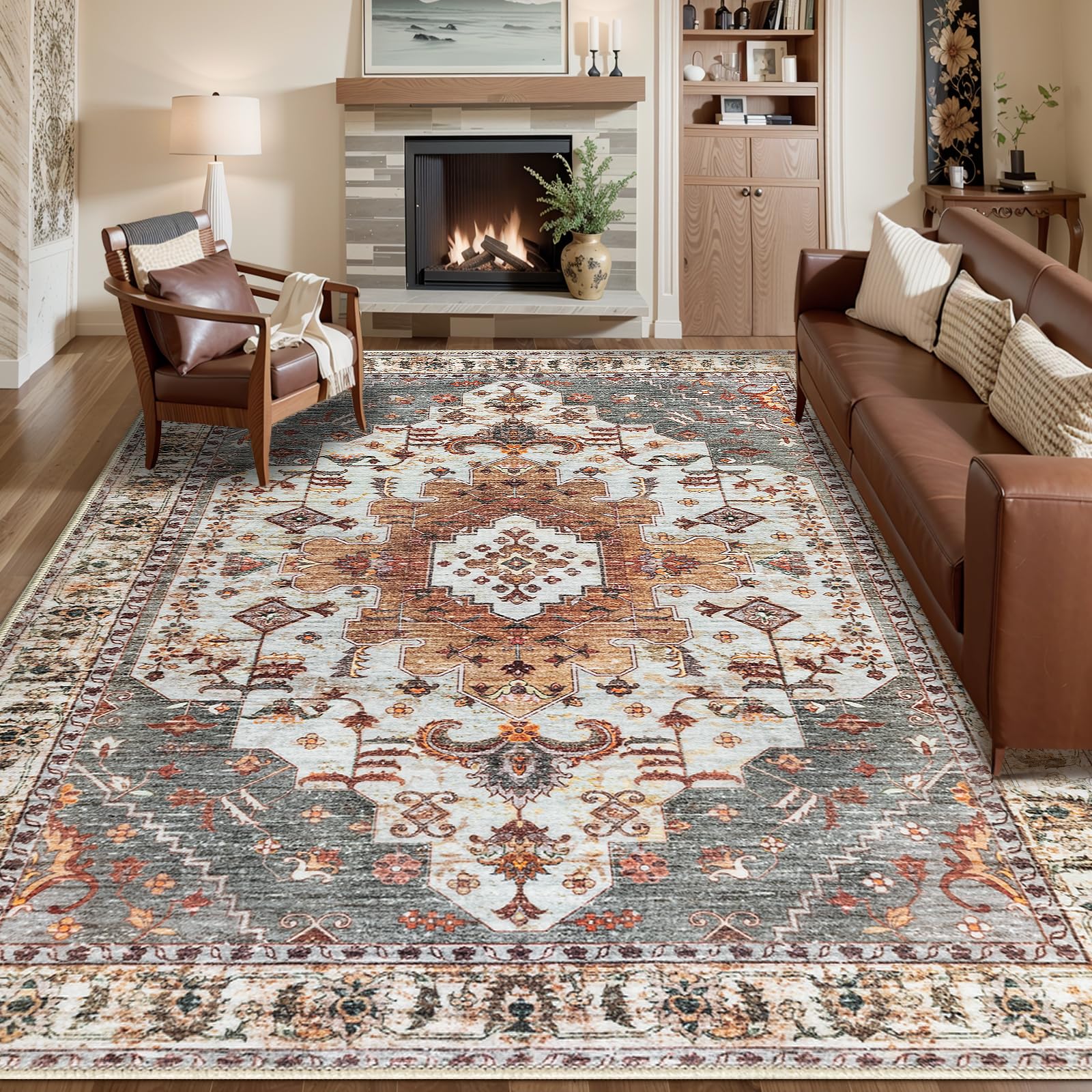 Tangsoo 5x7 Area Rug Washable Rugs for Living Room, Vintage Indoor Non Slip Large Area Rugs, Print Distressed Turmeric Carpet, Soft Low Pile Rug