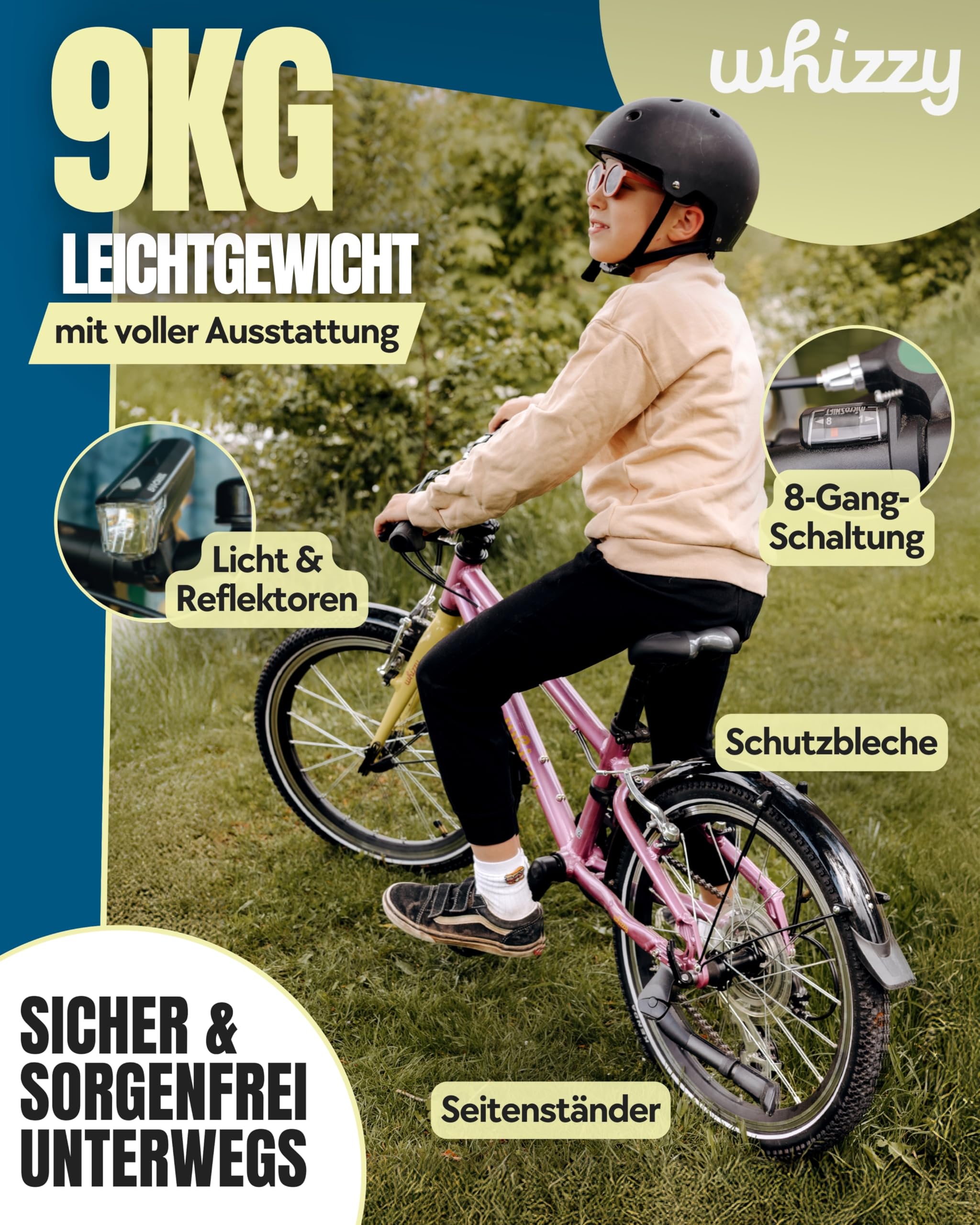 whizzy Kinderfahrrad 20 Zoll I Stilvolles Fahrrad für Kinder ab 5,5 Jahren I Mädchen- & Jungen-Fahrrad mit Ständer, Schutzblechen & Licht I 9 kg leichtes Mountainbike mit Gangschaltung