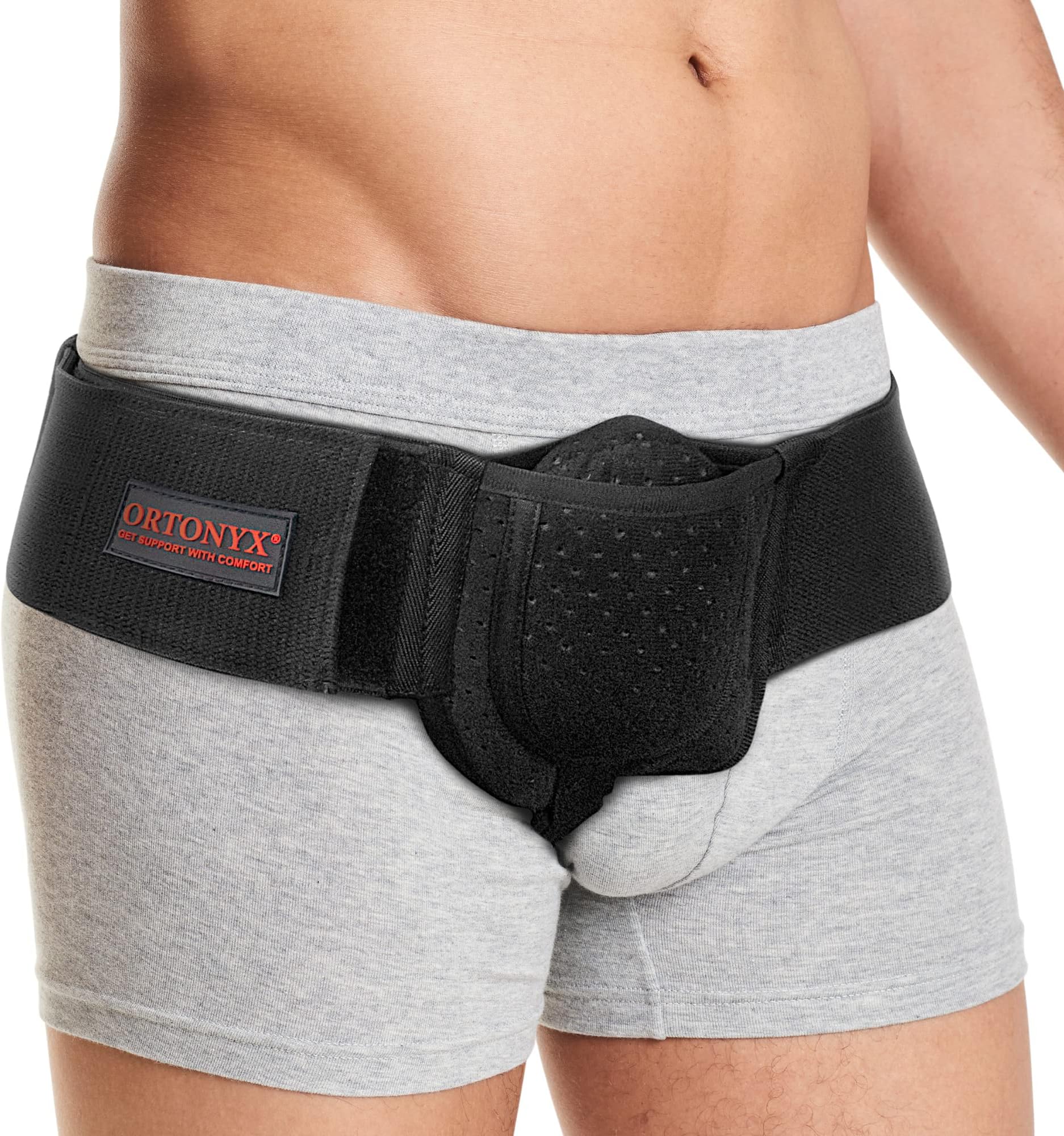 ORTONYX Inguinal Hernia Belt for Men and Women with Removable Compression Pad and Adjustable Waist Strap, Hernia Support Truss for Inguinal, Incisional Hernias, Left/Right Side - Black L/XXL