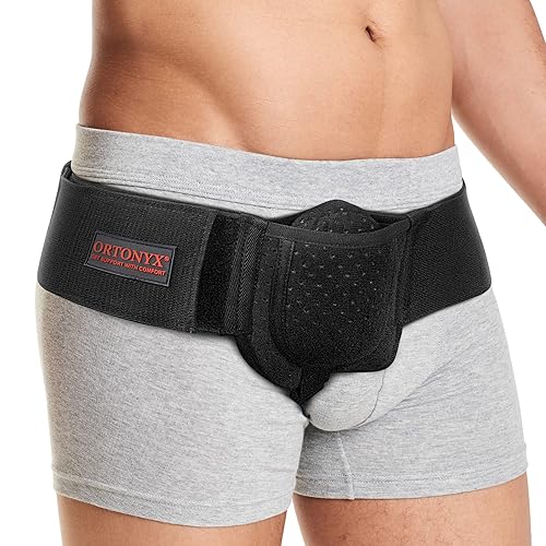 ORTONYX Cinturón de hernia inguinal para hombres y mujeres con almohadilla de compresión extraíble y correa de cintura ajustable, braguero de