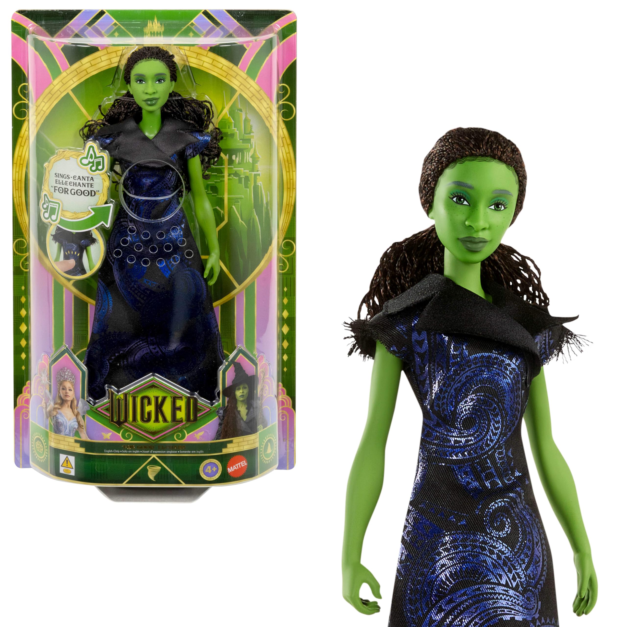 Mattel Wicked Zingende Elphaba Modepop en Accessoires, Beweegbaar met op de film geïnspireerde Look en Verwijderbare Outfit, Zingt 'Defying Gravity', JLG48