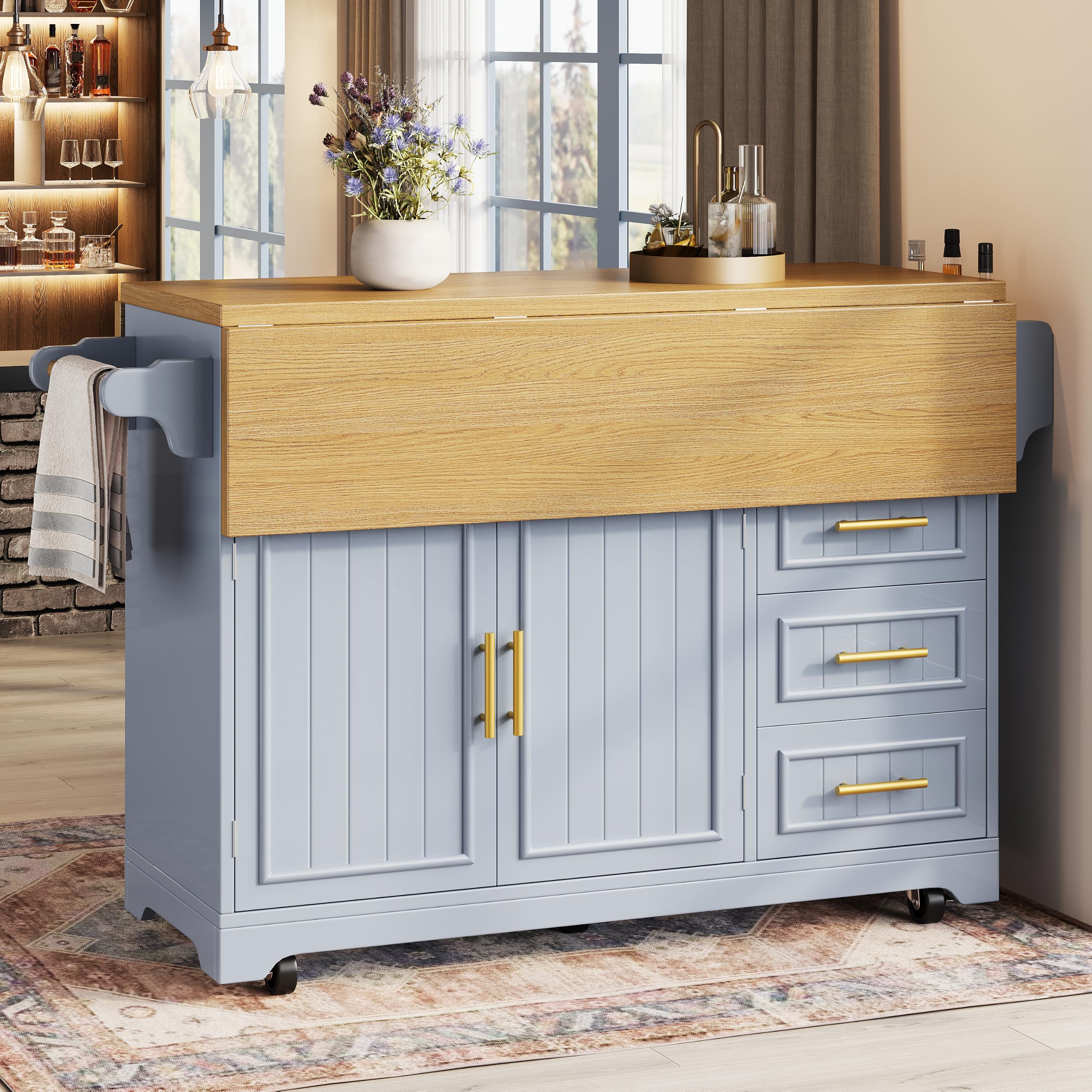Isola da cucina multifunzionale, credenza da cucina su ruote, espansione tavolo da pranzo posizionabile liberamente, ante con motivo verticale, vano portaoggetti con cassetti, blu