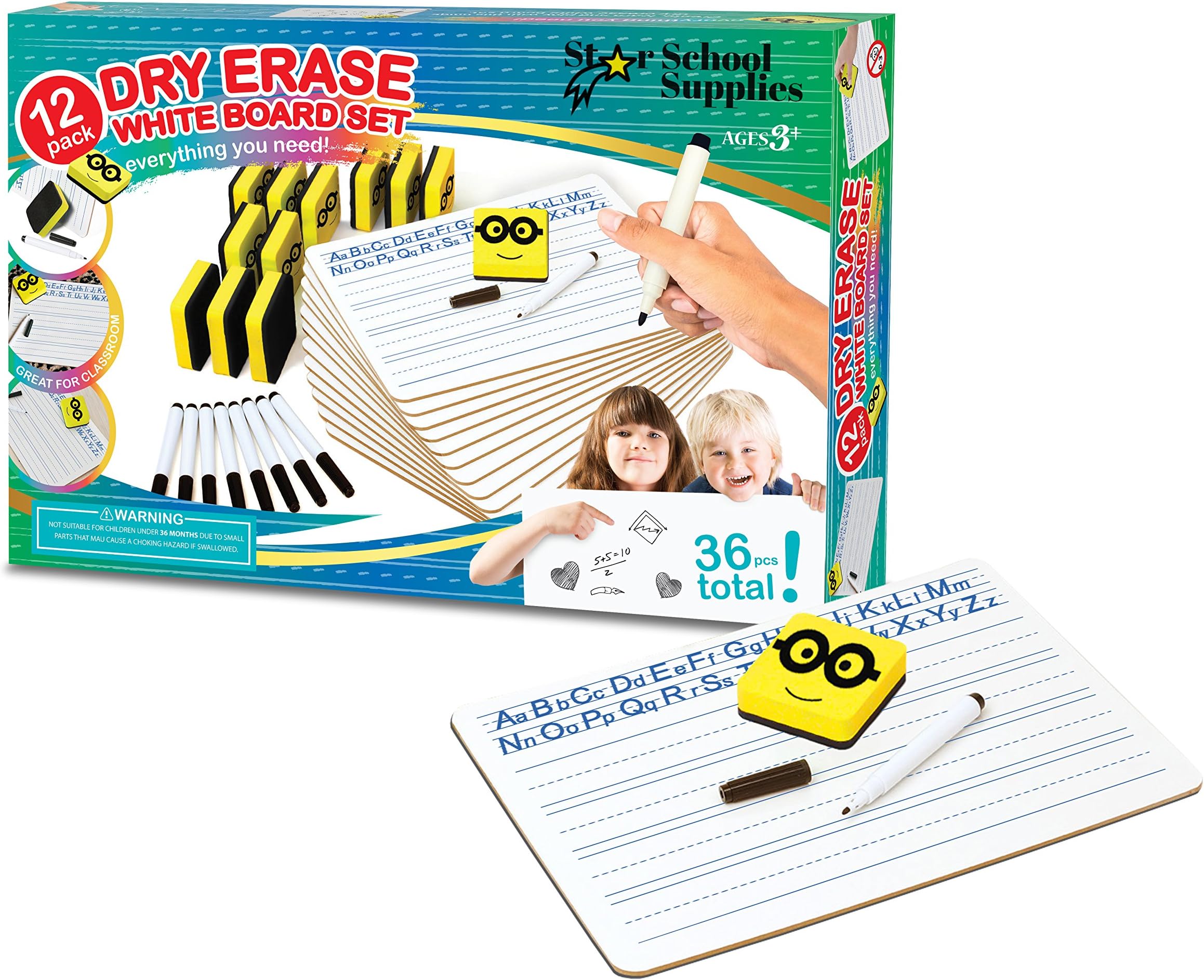 Lined Dry Erase Boards | 12 Whiteboard Class Set | with Dry Erase Lapboard Markers, Erasers | Perfect Board for Kids, Students, Teachers in The Classroom, Home or Office