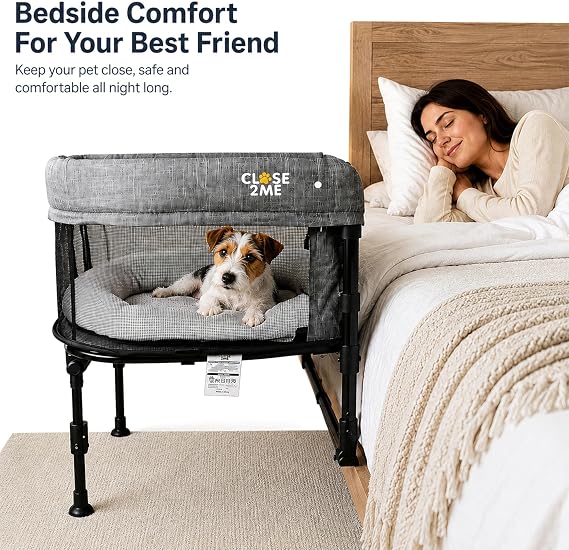 Englacha Close2Me Elevated Pet Bed - Bedside Mattress for Cats and Small Dogs - Comfortable, Cozy Design with Tool-Free Installation - Foldable for Easy Transport, Carry Bag Included