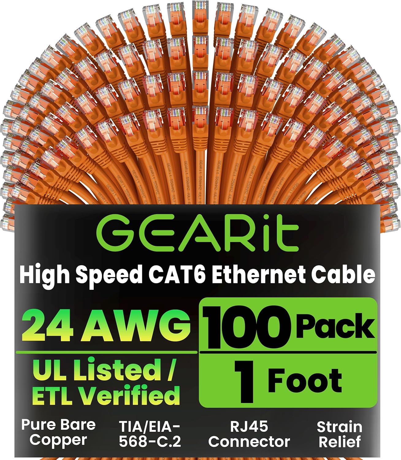 GEARit Cat 6 Ethernet Cable (100-Pack 1 Foot) Cat6 Network Patch, 10Gbps, RJ45, Snagless Cord, Gold-Plated Connectors, Internet for PC, TV, Tablet, Router, Printer, Servers, IT Data Center - Orange
