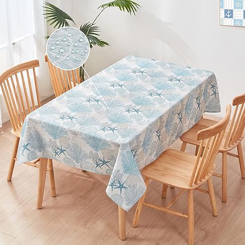 Miniatura 2 de Mantel rectangular náutico costero con estampado de playa, océano, impermeable, resistente a las manchas, sin arrugas, para cocina, comedor,