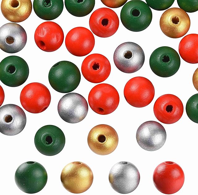 Craftdady 160pcs Christmas Natural Wood Round Beads 16mm Painted Large Hole Macrame Beads Loose Spacers 4 Colors for DIY Crafts Home Decor, Hole: 4mm