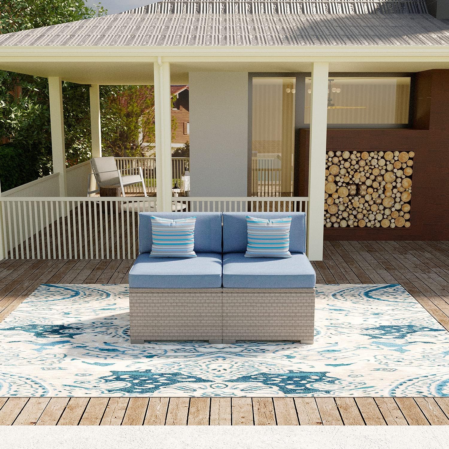 SUNBURY Outdoor Sectional 2-Piece Wicker Sofa in Pearl Gray, w 2 Stripe Pillows, Denim Blue Cushions Elegant Patio Furniture Add-on Armless Chair for Backyard Garden Porch