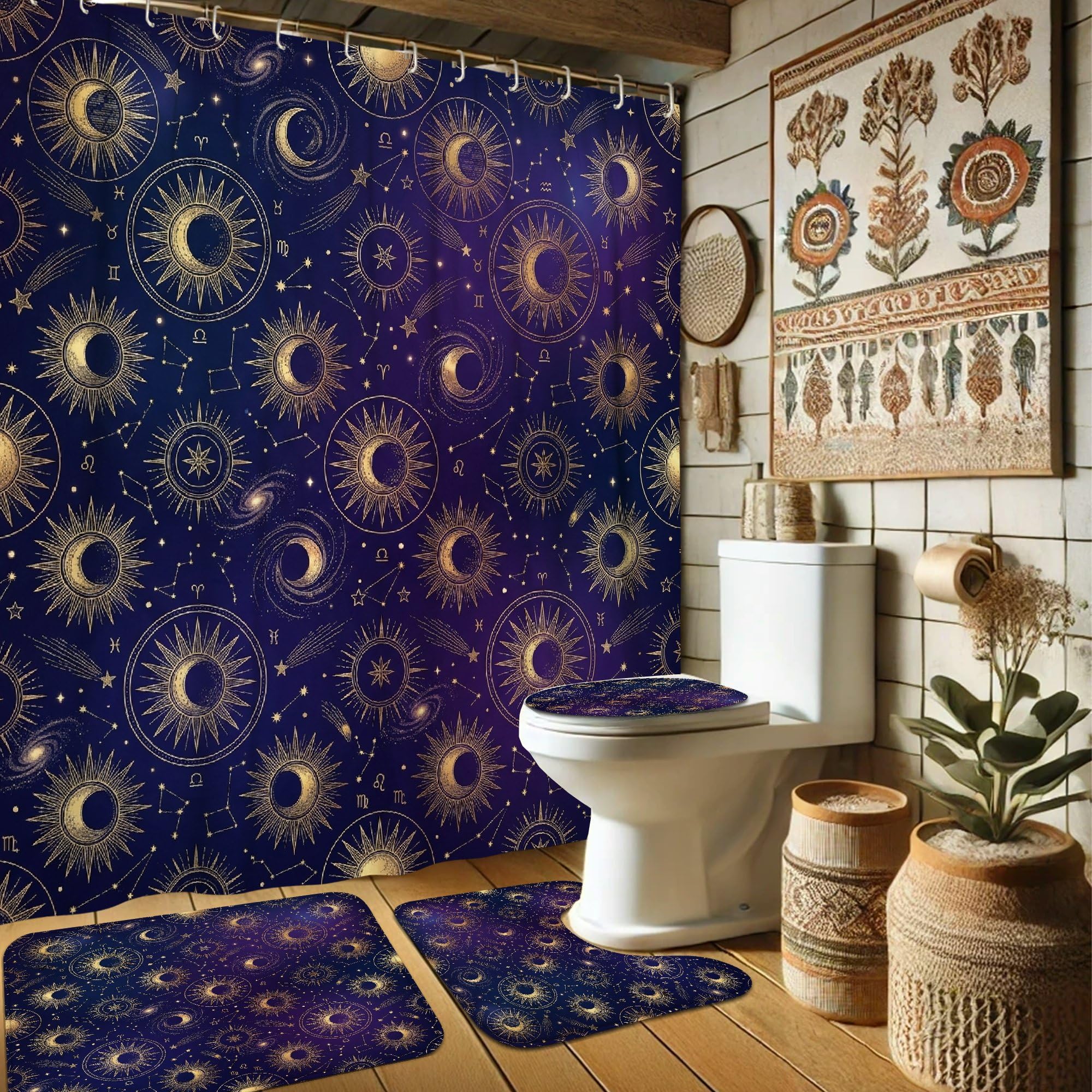 Rideau de douche lune astrologique bleu marine ensemble haut de gamme 183 cm