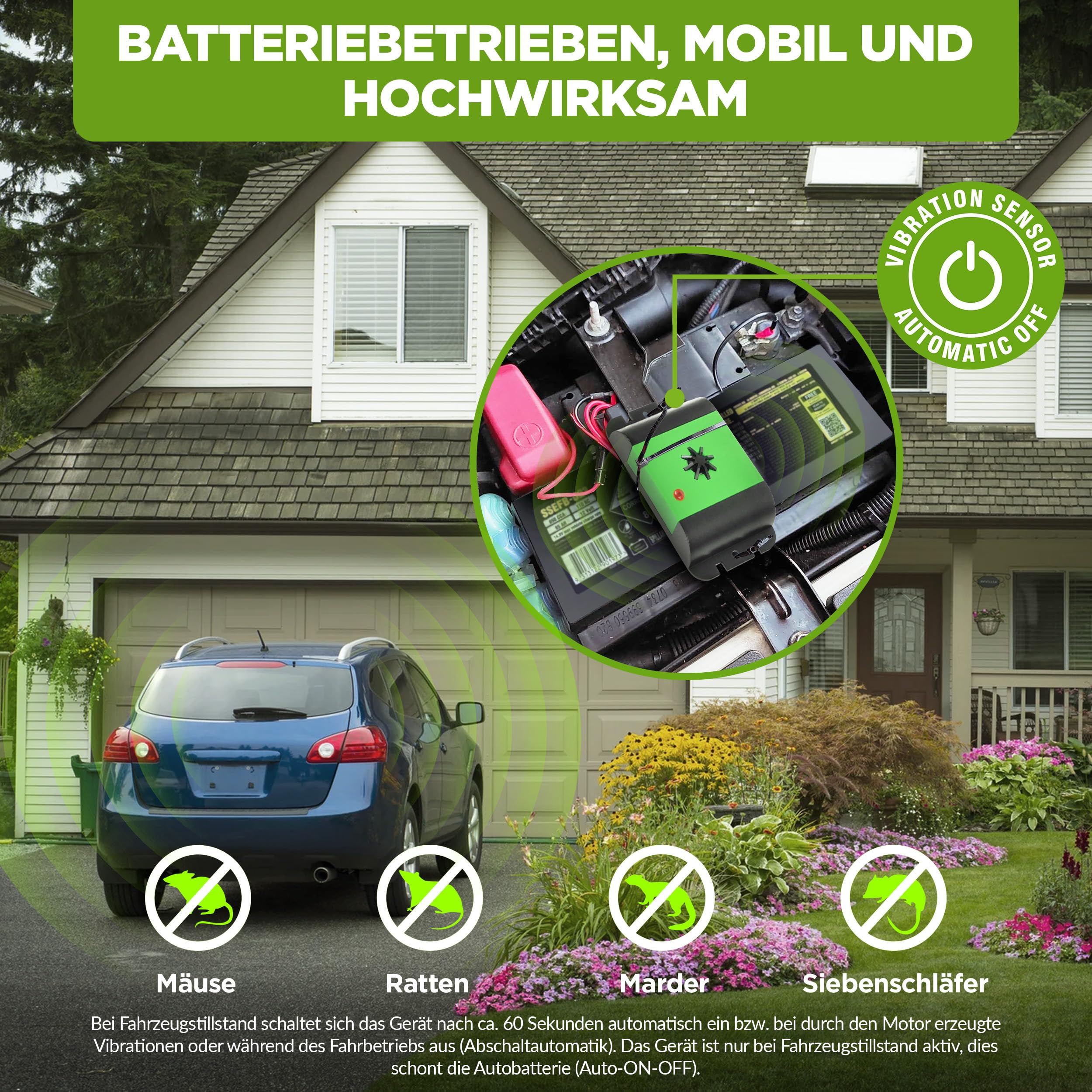 ISOTRONIC Marderschreck Auto – Batteriebetriebene Marderabwehr mit Vibrationssensor & Ultraschall – Marderschutz für Auto, Dachboden & Garage – Anti Marder Abwehr mit 40m² Wirkungsbereich (1 Stück)