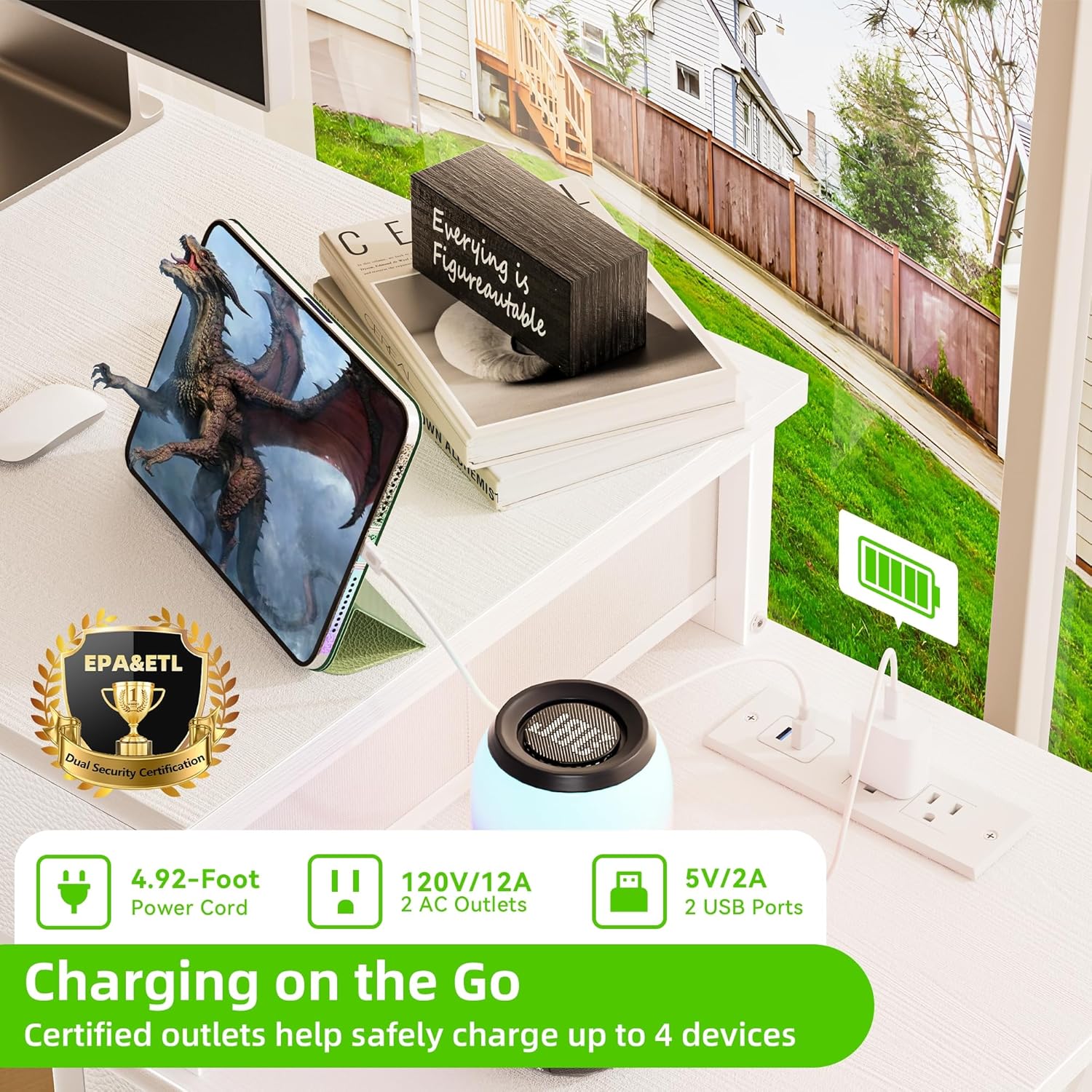 Computer Desk with Charging Station, Home Office Desks with Printer Stand, PC Table with 5 Fabric Drawers, White Desk with Storage, Vanity Desk for Small Space, White