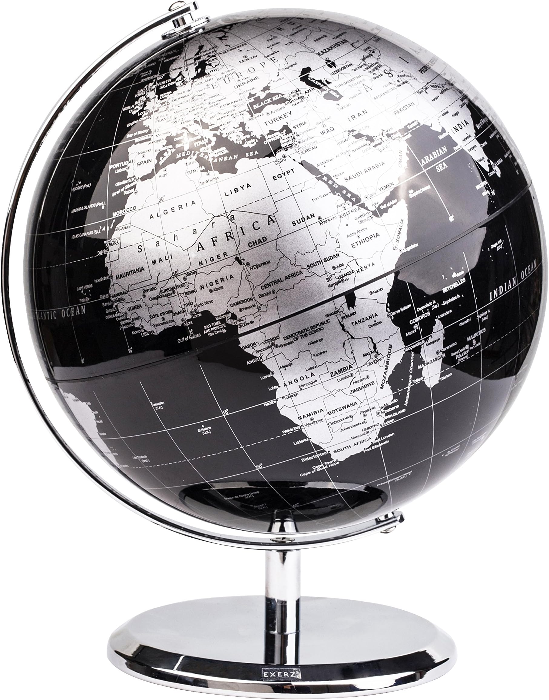 20cm World Globe With a Metal Base – Educational/Geographic/Modern Desktop Decoration - Metallic Black (20cm diameter)
