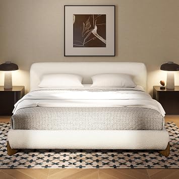 Puffy Platform Bed, King, Ivory White Boucle