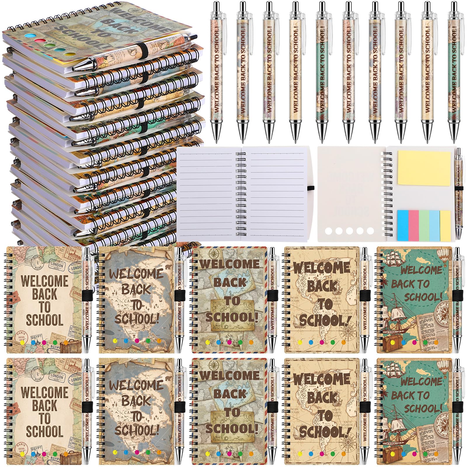 Dunzoom Lot de 40 carnets à spirale en vrac avec notes adhésives et stylos de motivation pour le premier jour d'école - Cadeau de fête pour enseignant, étudiant, salle de classe (voyage sur la carte)