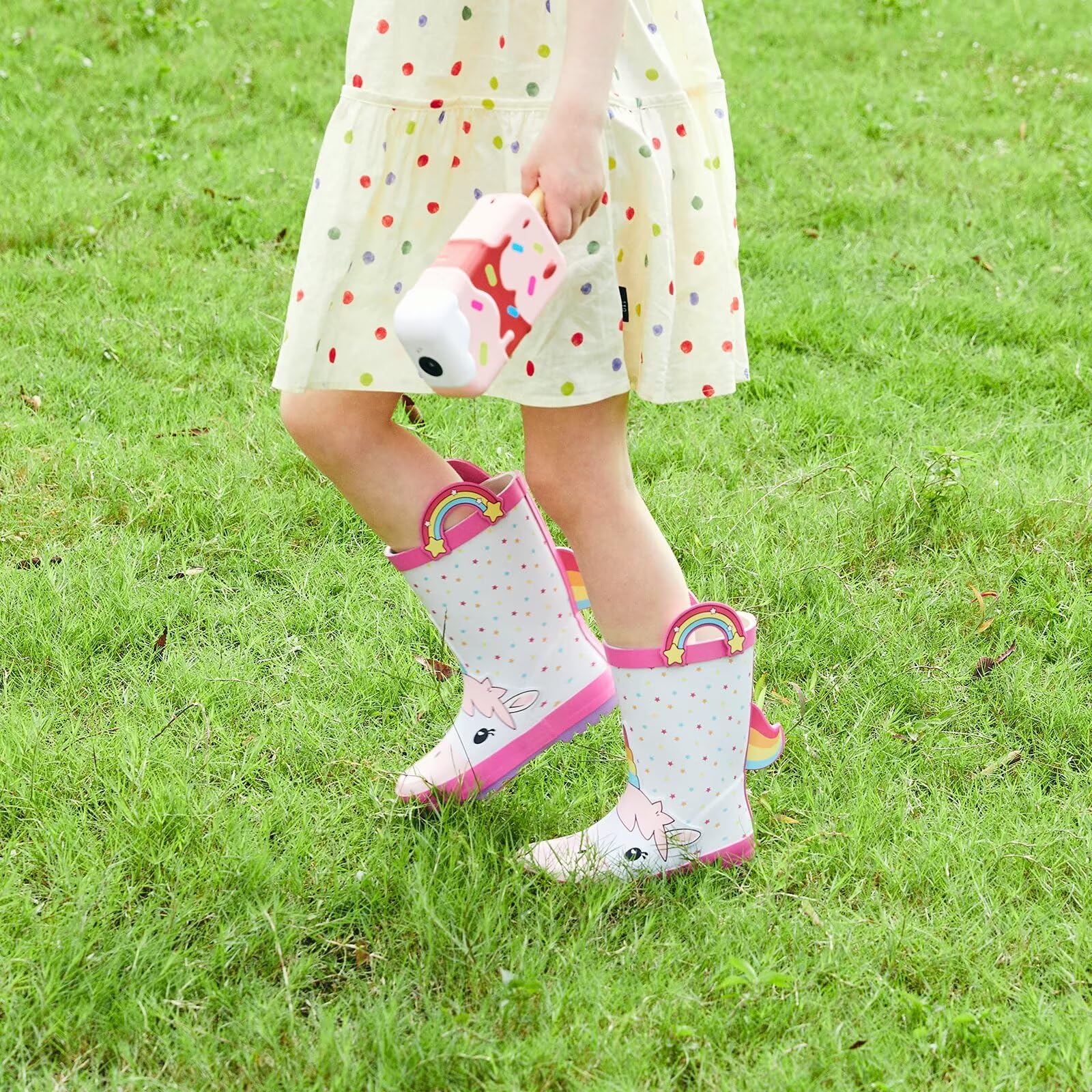 FUNCOO PLUS Botas de agua de goma para niños pequeños, botas de lluvia impermeables para niños y niñas, con asas en patrón divertido