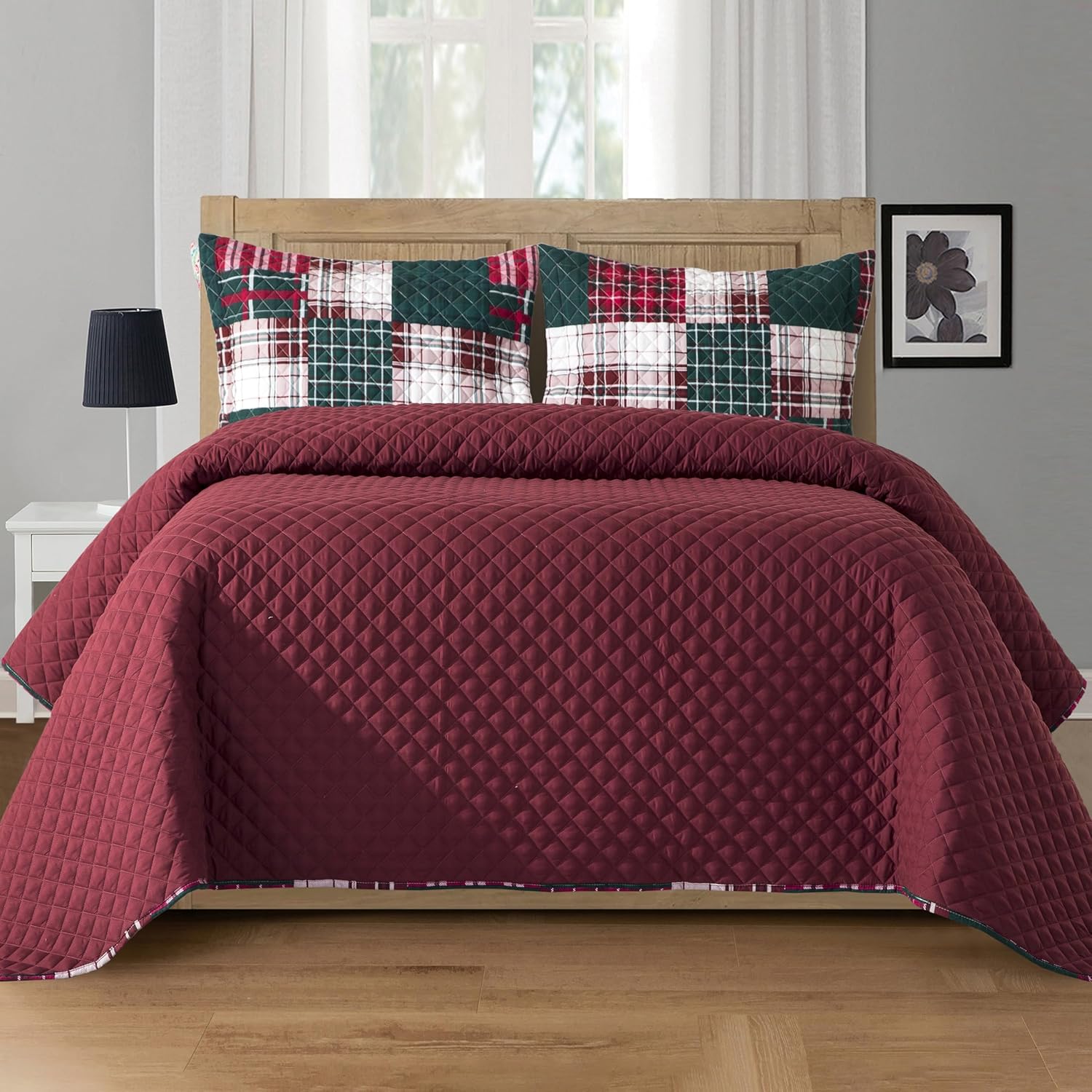 Elegant Comfort 3-Piece Plaid Patchwork Reversible Quilt - Soft Bedspread with Matching Pillow Shams, Heavy Weight Premium Stitching All Season Quilted Coverlet - Full, Burgundy