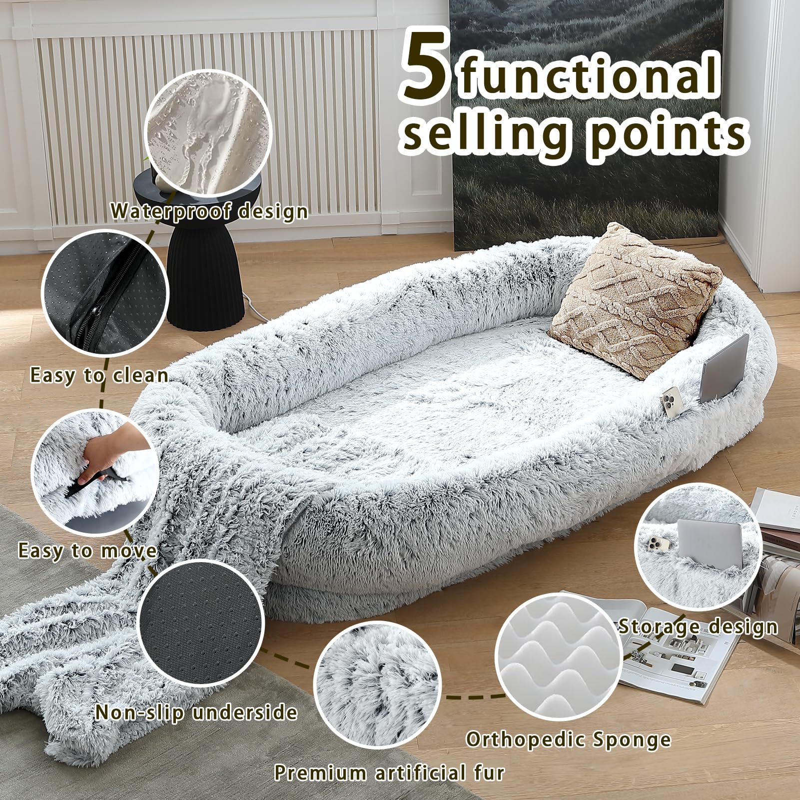 XXL Hundebett 180x114cm – Orthopädisch, Mit Kuscheldecke & Tragegurt, Waschbar & Extra Bequem