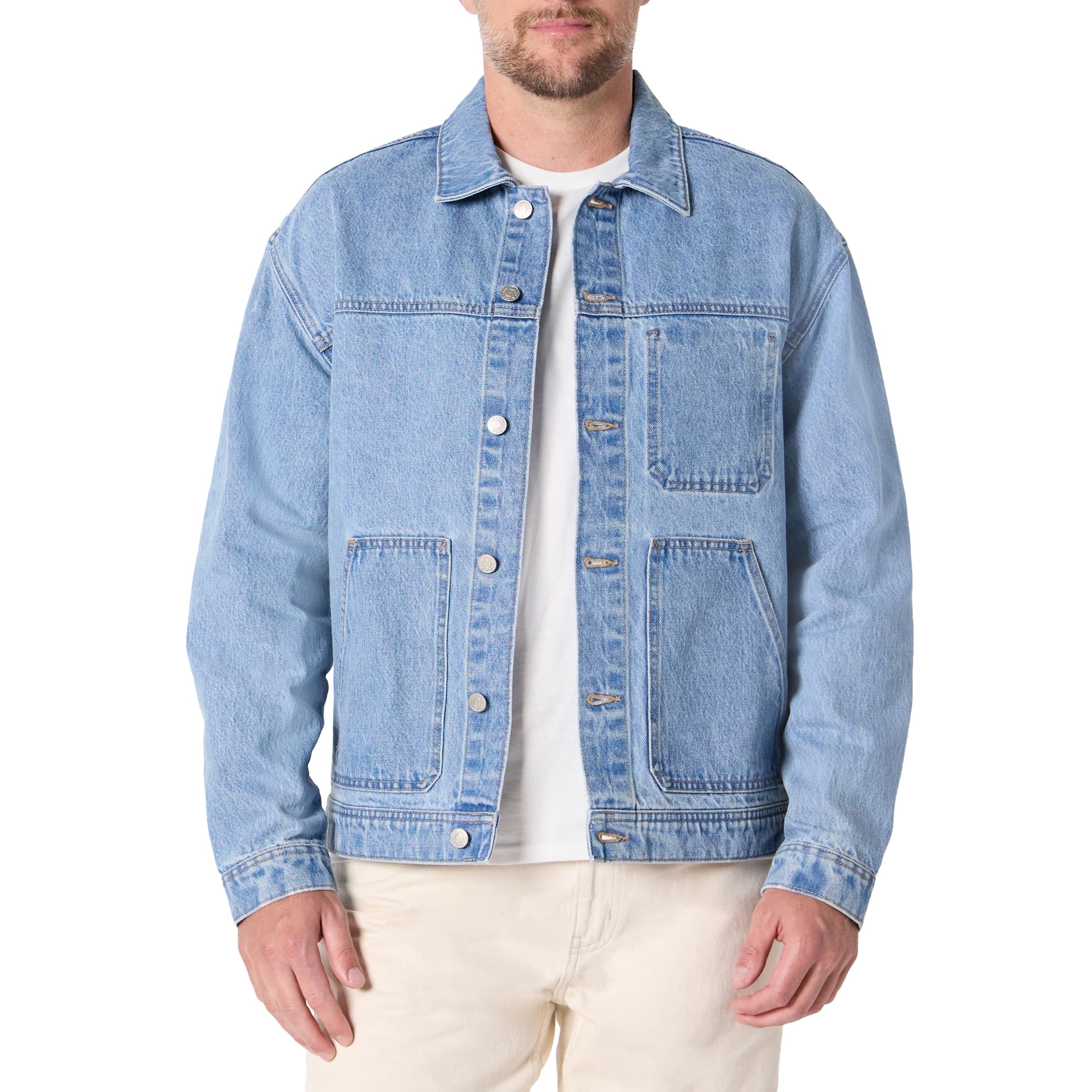 Men's Heavyweight Rigid Denim Relaxed-Fit Utility Jacket with Pockets, Shank Button Closure