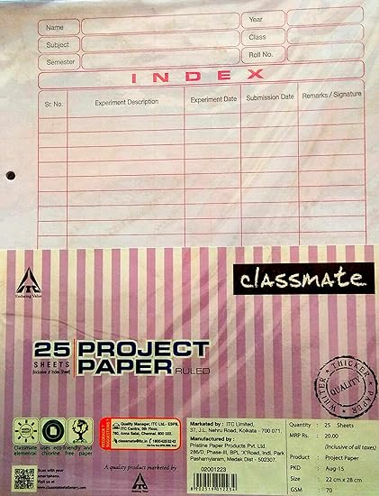 classmate Project Paper Ruled (25 Sheets) Pack of 5 Packet