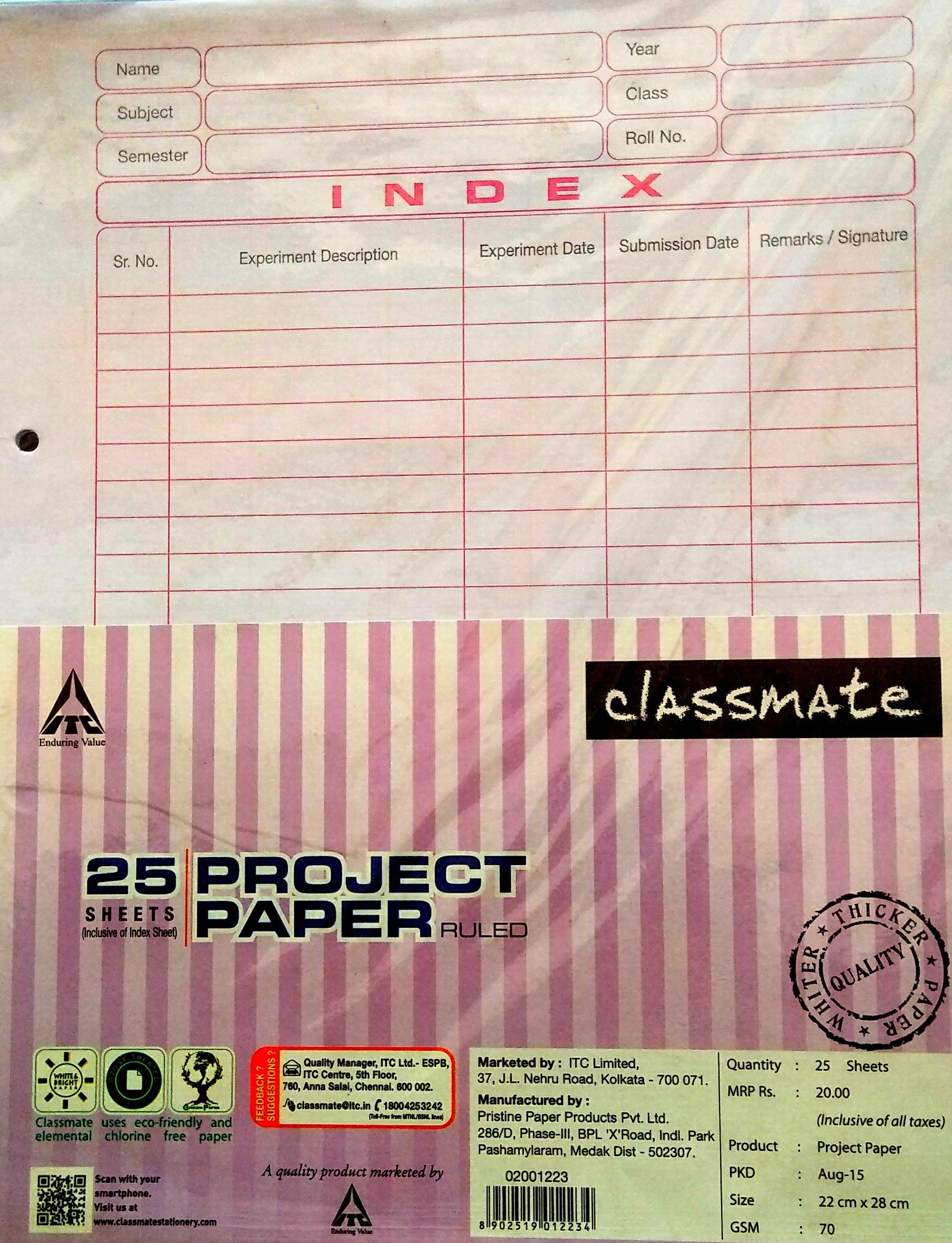 classmate Project Paper Ruled (25 Sheets) Pack of 5 Packet