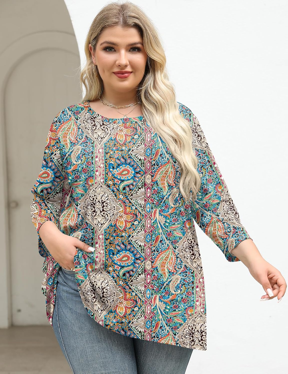 LOMON Womens Plus Size Tops 3/4 Length Sleeve Blouses Crew Neck Business Casual Tunic Tops with Asymmetrical Hem 1X-5X - Image 2