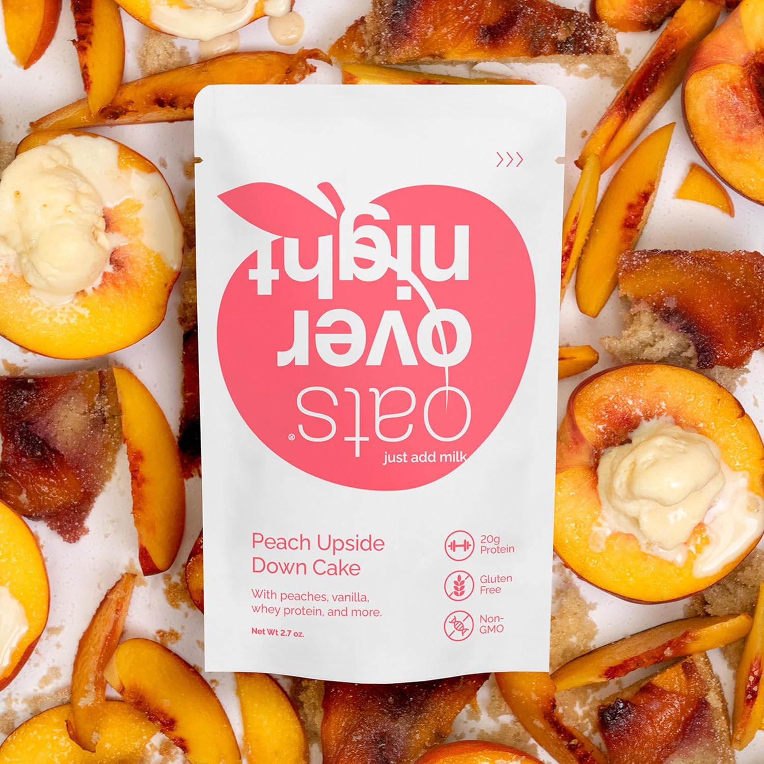 Oats Overnight - Peach Upside Down Cake - 20g Protein, High Fiber Breakfast Shake - Gluten Free, Non GMO Oatmeal (2.7 oz per Meal) (8 Pack)
