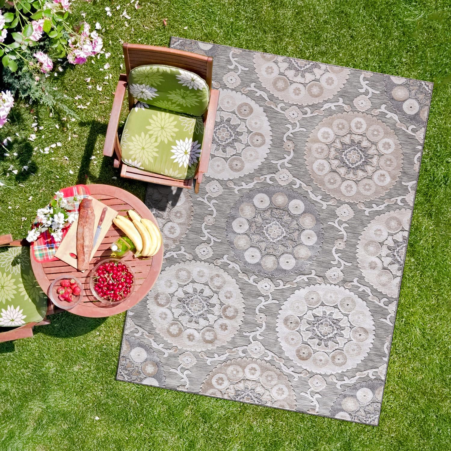 CAMILSON Indoor Outdoor Rug 10x14 Bohemian Medallion Floral Area Rugs for Indoor and Outdoor Patios Easy-Cleaning Non-Shedding Living Room Garden and