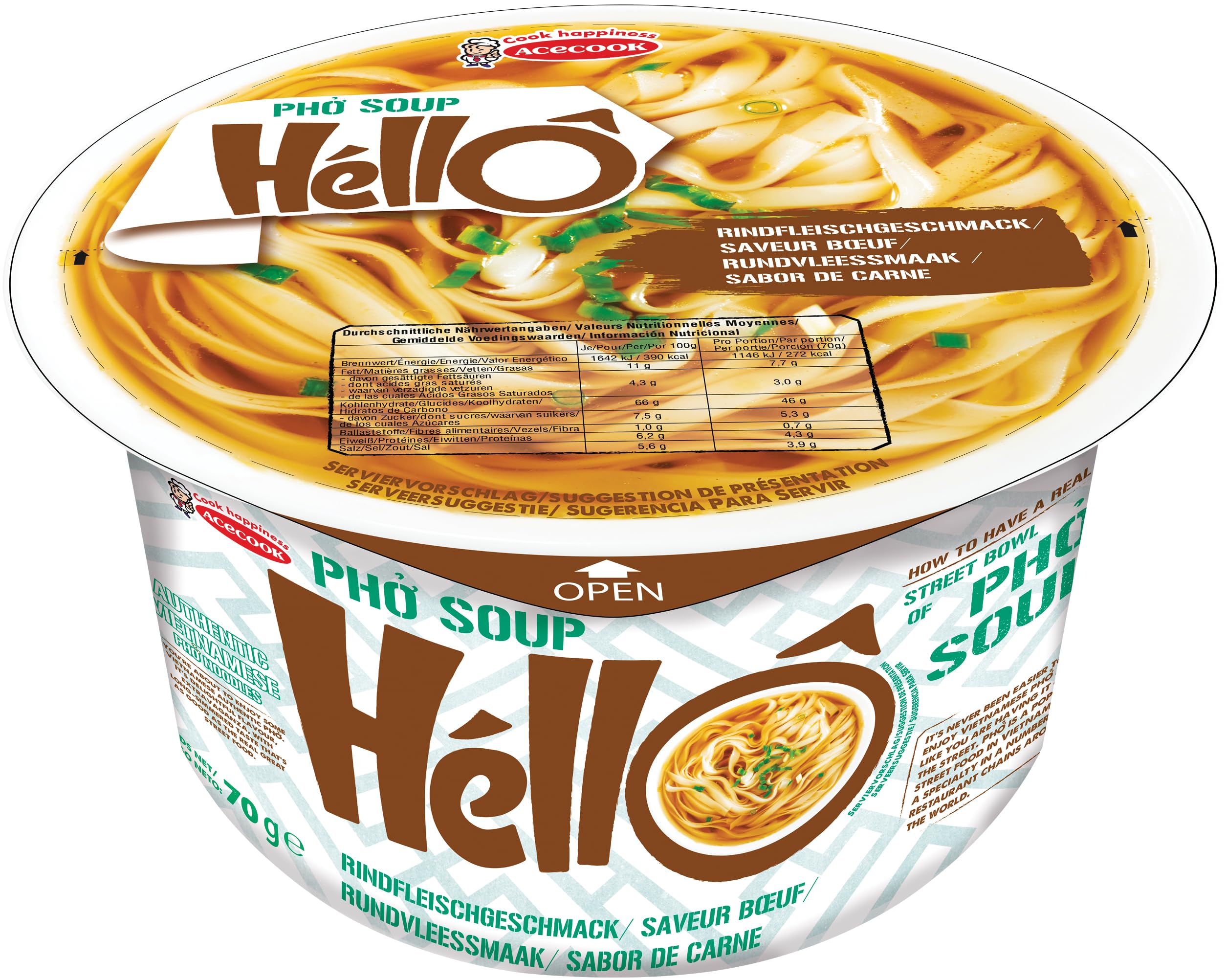 HELLO PHO Fideos instantáneos de arroz, ternera, sin gluten - 1 x 70 g