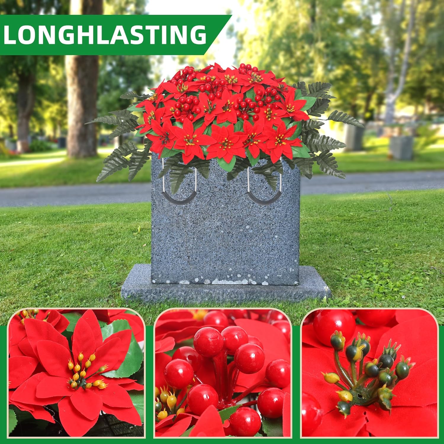 Lodou Christmas Cemetery Flowers Saddle for Grave Decorations-Headstone Flower Saddle,Red Poinsettia Outdoor Memorial Headstone Flower (Red)