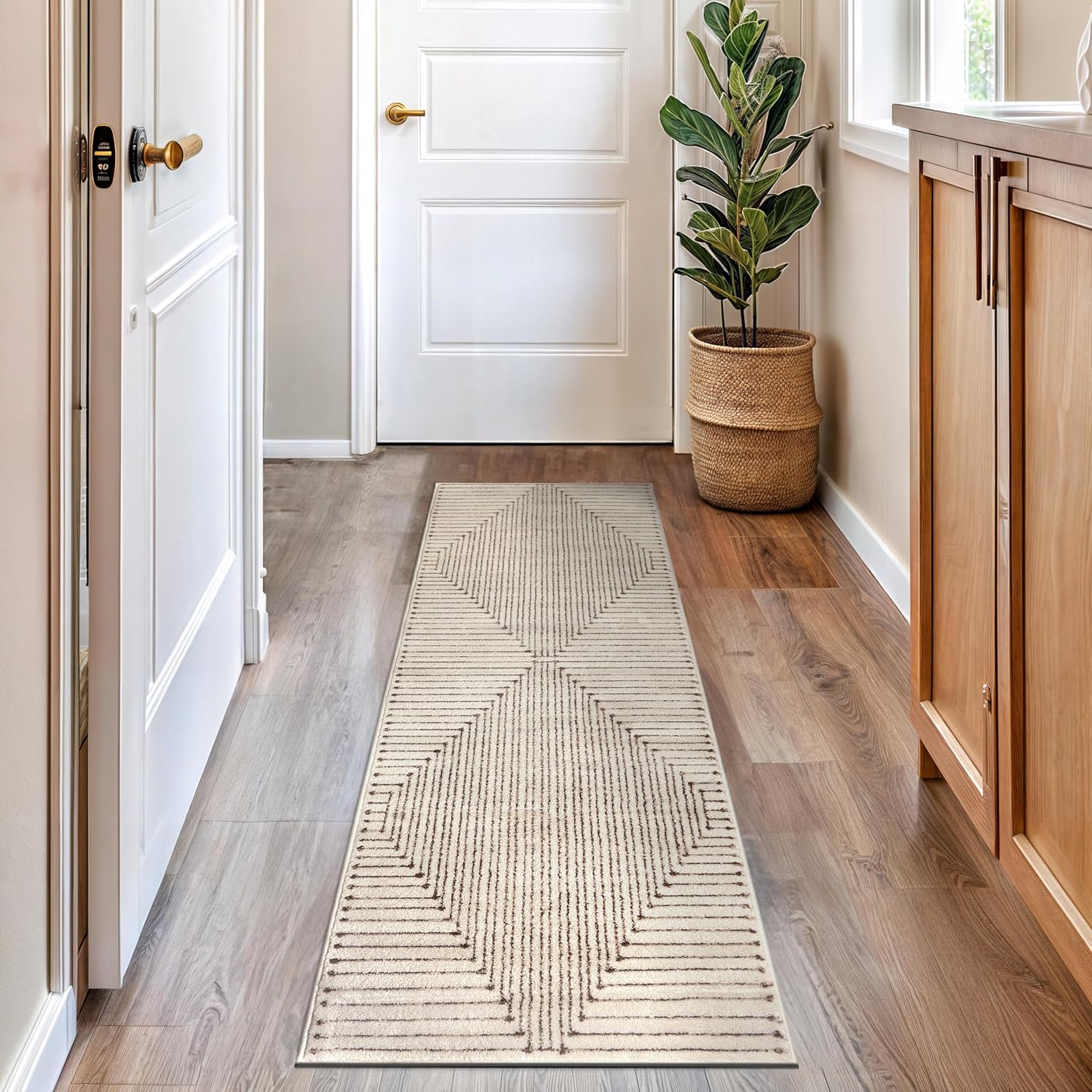 Rugshop Beige and Brown Geometric Area Rug – Soft Abstract Line Pattern Carpet for Living Room, Bedroom, or Office – Contemporary Neutral Decor Accent 2' 3" x 8' Runner Beige