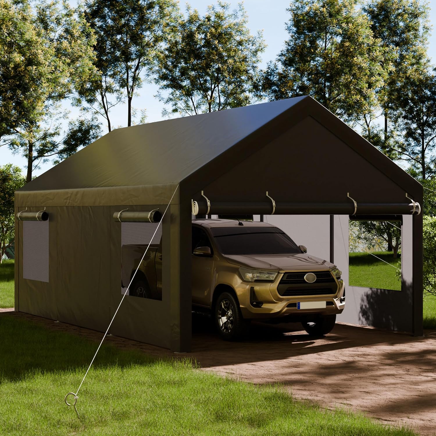 12x20 FT Heavy-Duty Design Carport,Portable Garage Canopy,Carport Canopy with Side-Opening Removable Door & Roll-Up Window,Portable Car Port for Car, Truck, Boat,Grey