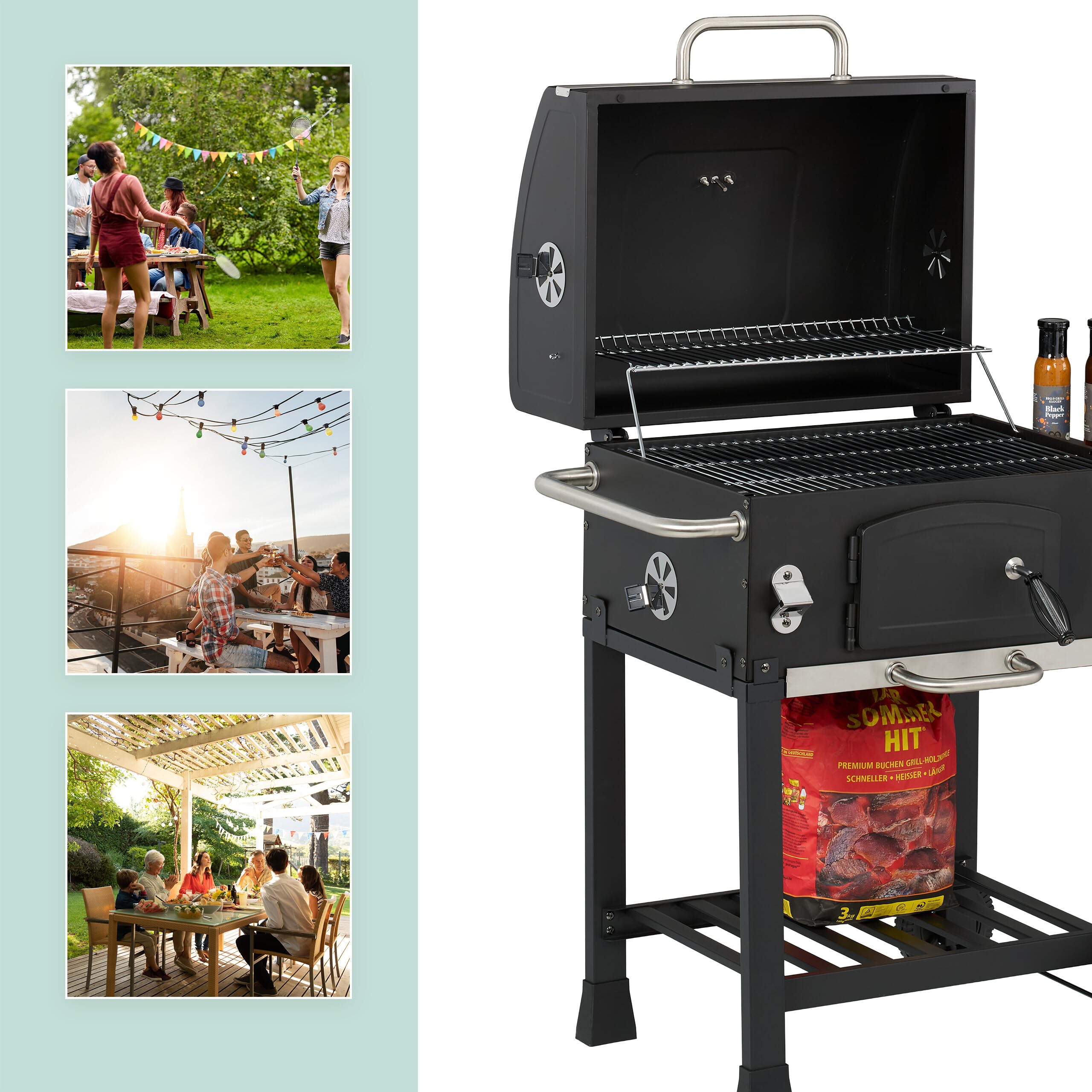 Relaxdays Grill na węgiel drzewny, grill na kółkach, z pokrywą, grill ogrodowy XXL, czarny/srebrny, 1 sztuka