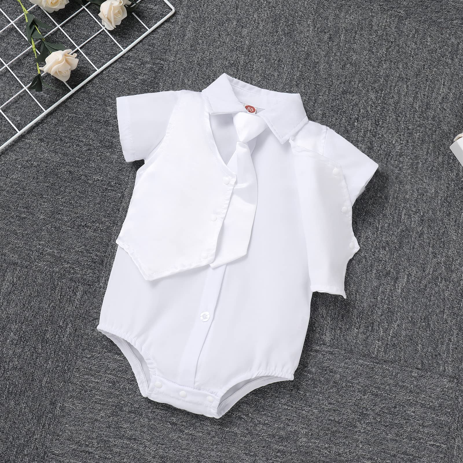 Summer Baptism Outfits for Boys Baby Christening Outfit Gentleman Suit Dedication White Dress Shirt Romper Necktie Waistcoat Shorts Toddler Baptismal Clothing Wedding Tuxedo Formal Easter 12-18 Months