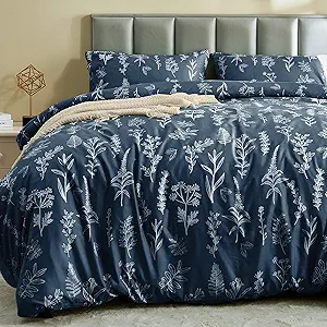 MUXHOMO Duvet Cover Queen Size, Reversible Floral Navy Duvet Cover Set with Zipper Closure, 3 Pieces Botanical Patterns Soft Microfiber Bedding Set with 4 Ties (90"x90", 2 Pillow Cases)