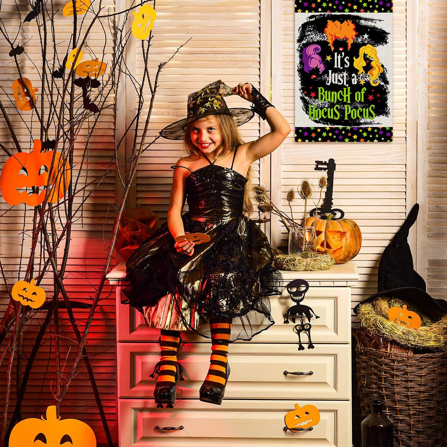 Whaline Halloween Hocus Pocus Garden Flag Double-Sided Witch Yard Flag Waterproof Burlap Flag for Halloween Party Decoration, 12.5 x 18 Inch