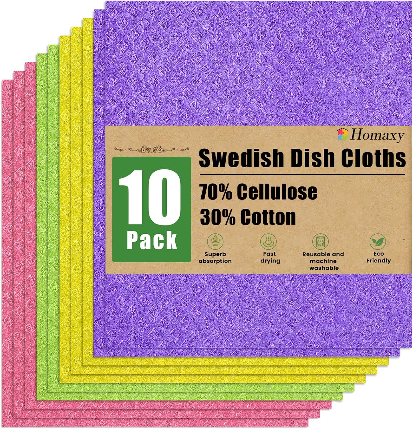 Homaxy Swedish Dishcloths for Kitchen, 10 Pack Reusable and Washable Cellulose Sponge Cloths Dish Towels, Absorbent and No Odor Paper Towels for Dishes ＆ Counters, Multicolor