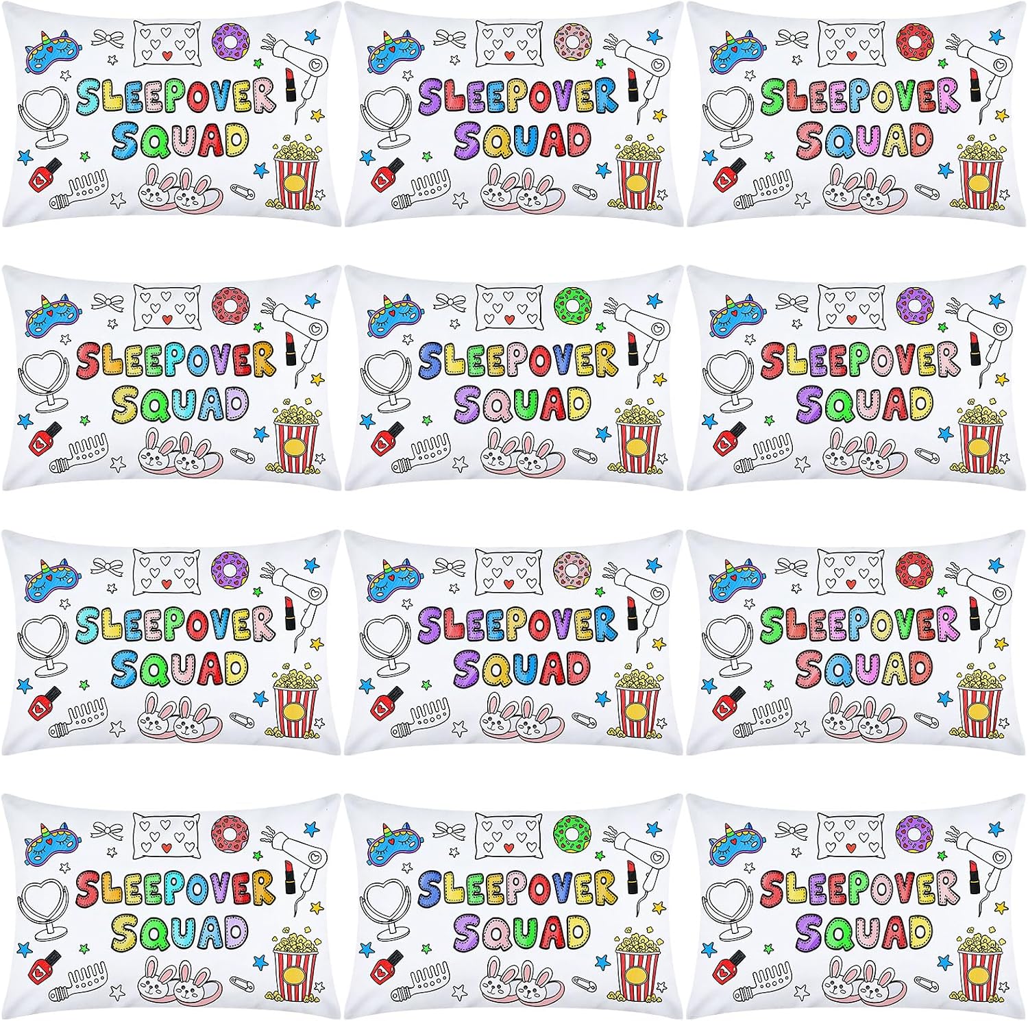HunnmingRe 12 Pcs DIY Sleepover Pillowcase Supplies Coloring Sleepover Squad Pillow Covers Pajama Night Party Favors Color Your Own Slumber Pillowcase Arts Crafts for Birthday Overnight Gift