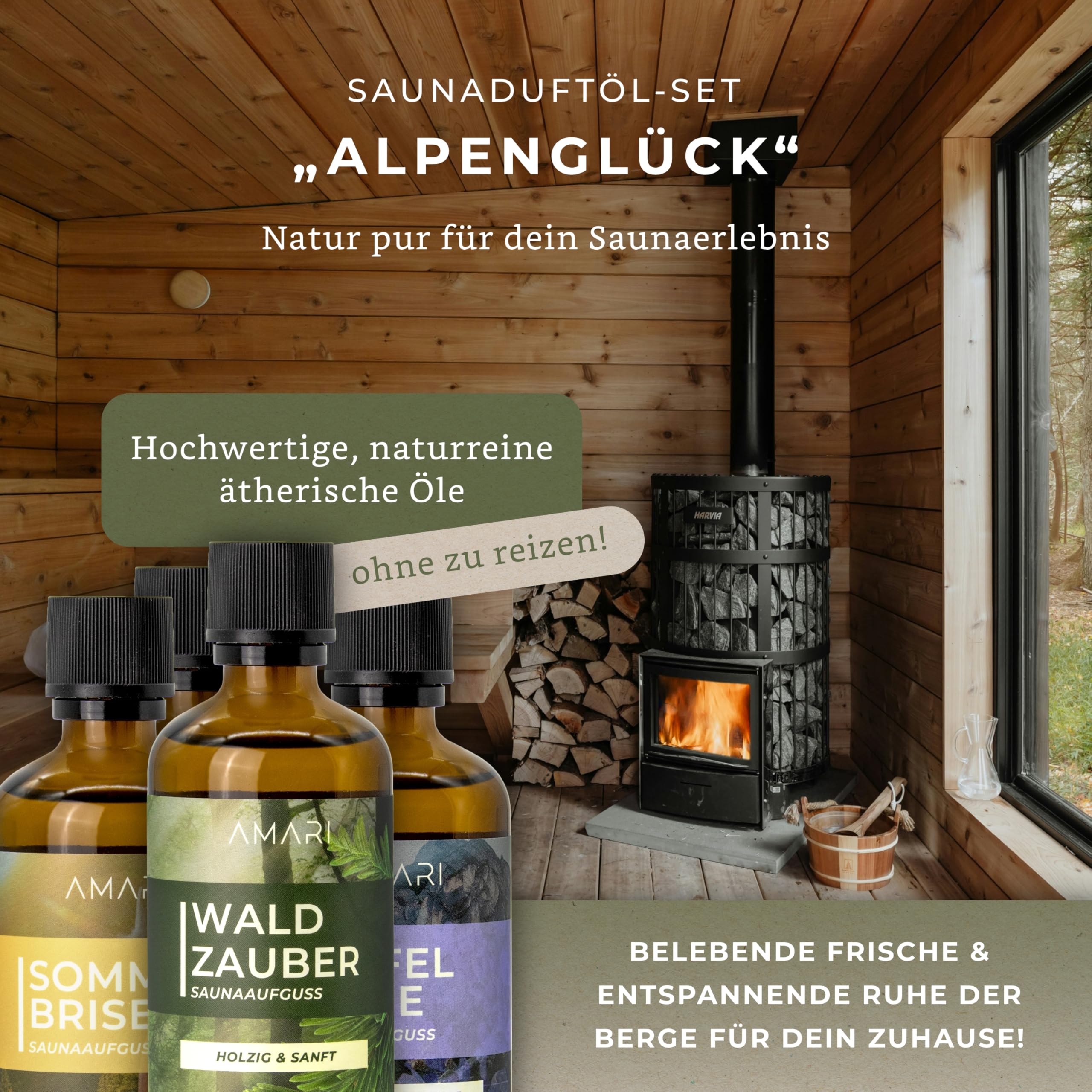 Amari ® Saunaaufguss Set Alpenglück – natürliche Saunadüfte mit Bio-Ethanol – Naturreine Ätherische Öle – Aufgussmittel, Sauna, Saunaöl, Duftöl